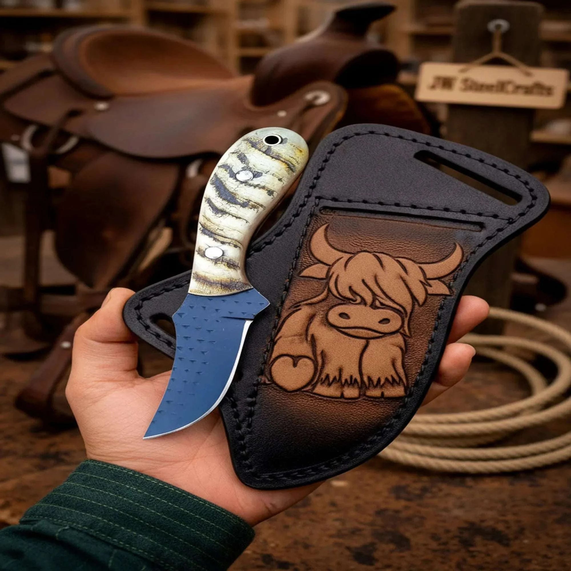 Palmarius Outdoors Coalridge Cowboy Skinner Knife 6" Ram Horn Handle Black Coated Blade Buffalo Sheath Survival Knife