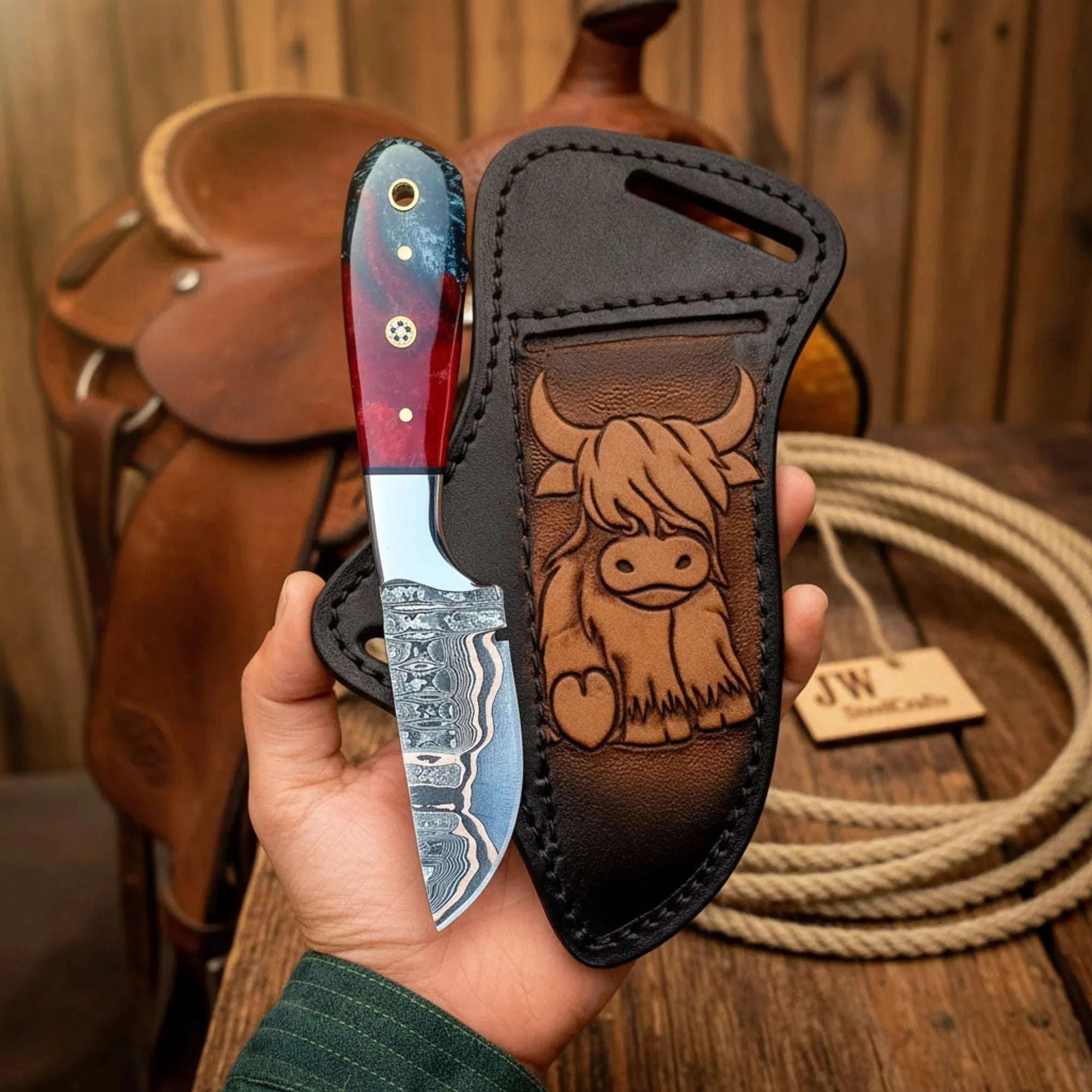 Palmarius Outdoors Tundra Cowl Copper Damascus Skinner – Custom Hand-Forged Mini Hunting Knife by Shard Blade