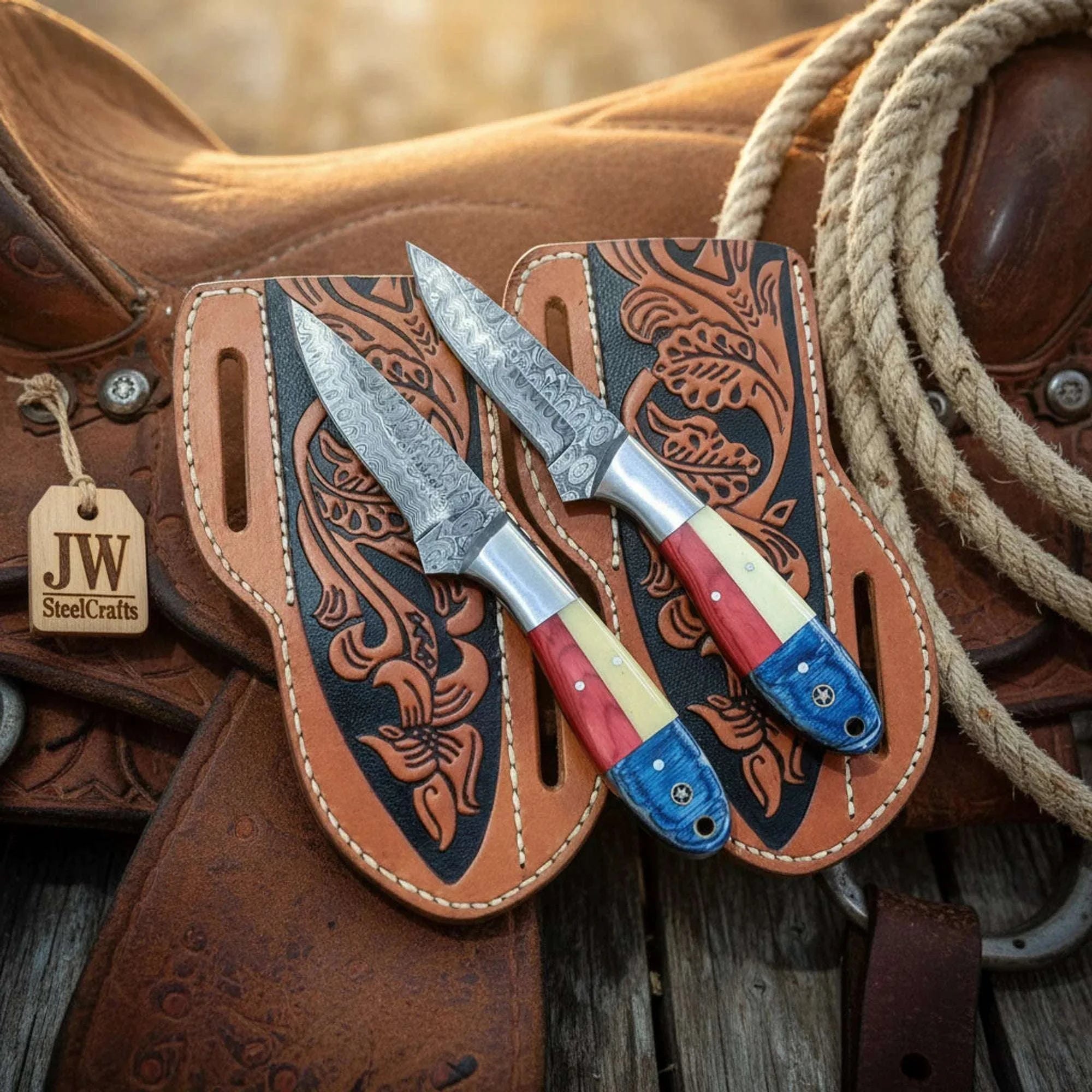 Palmarius Outdoors Texas Flag Cowboy Skinner Knife Duo with Bone Handles Skinner Knife