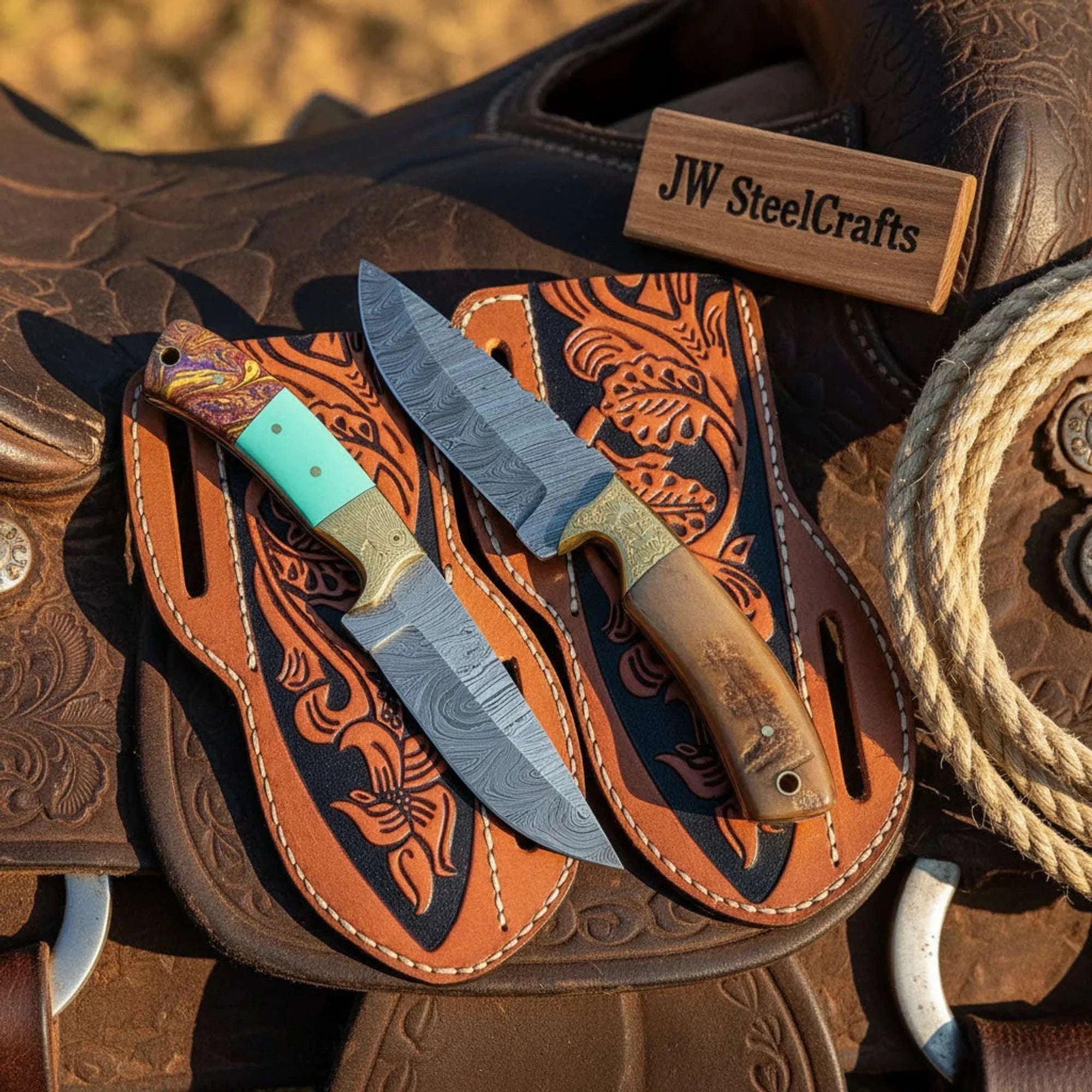 Palmarius Outdoors Handmade Damascus Knife Set of 2, 7 Inch Ram Horn Handle, Engraved Bolsters