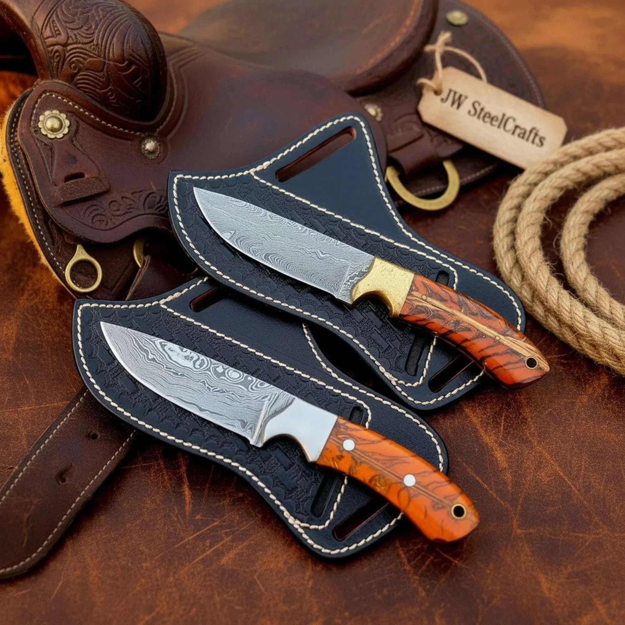 Palmarius Outdoors Wrangler's Pinecone Knife Set of 2 Orange Pinecone Handle Brass Steel Bolster Cross Draw Hunting Knife