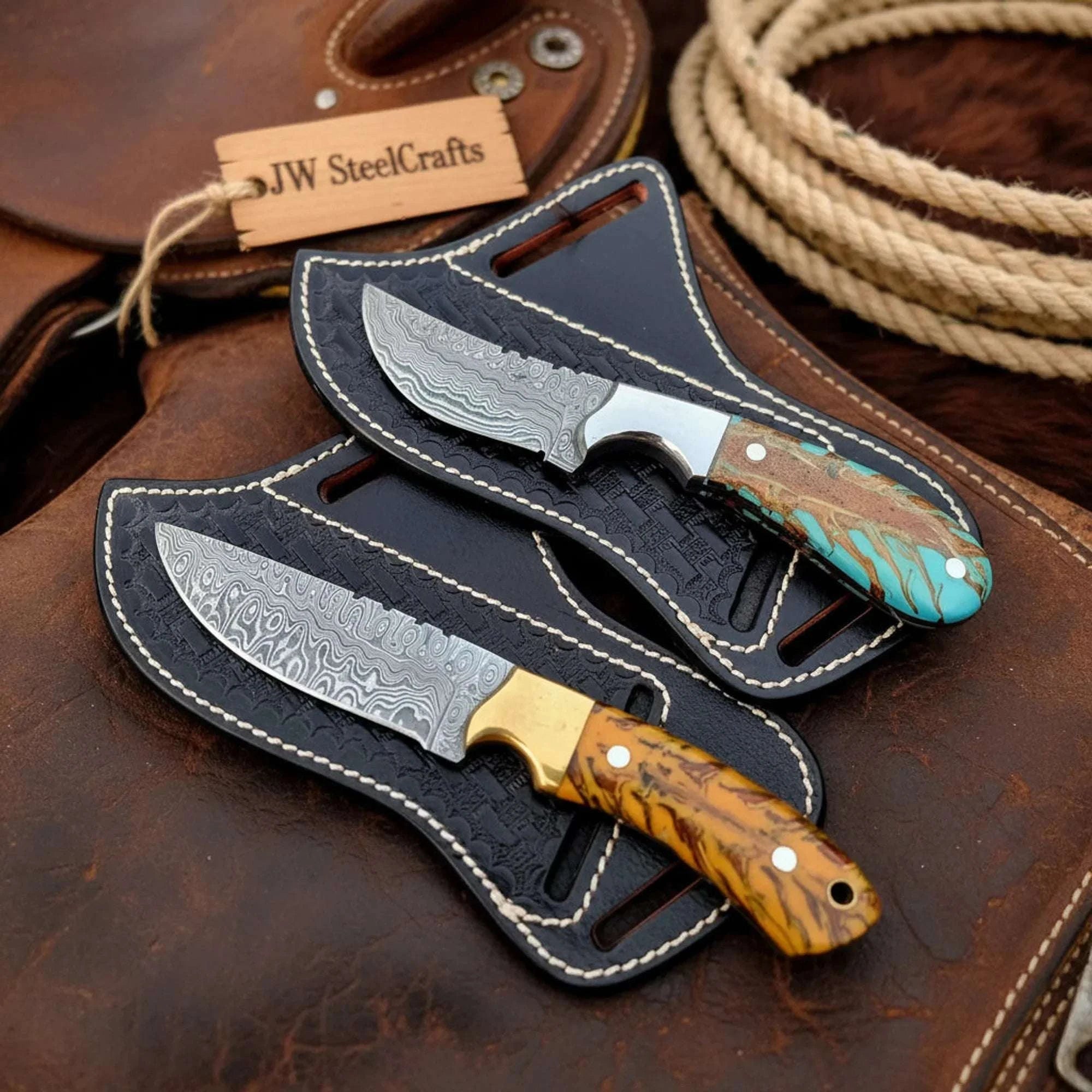 Palmarius Outdoors Damascus Steel Hunting Knife Set of 2, Pinecone Wood Handle, Fixed Blade, Gift for Him