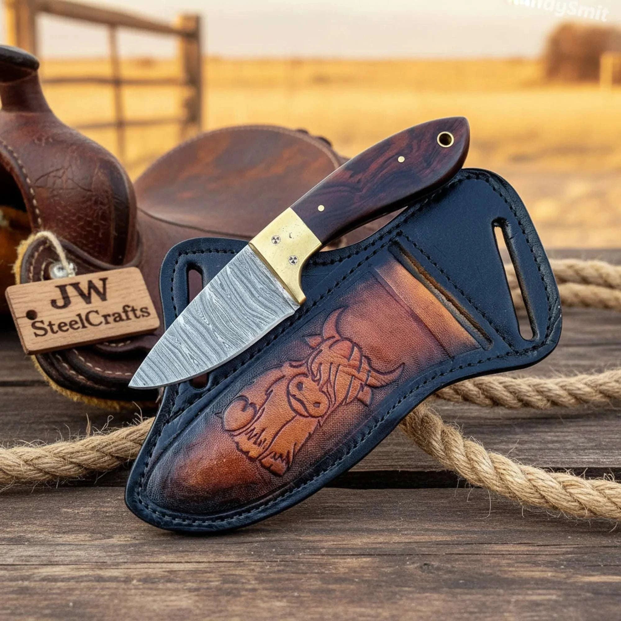 Palmarius Outdoors Damascus Highland Cow Crossdraw Knife Rosewood Handle Brass Bolster Buffalo Cross Pouch
