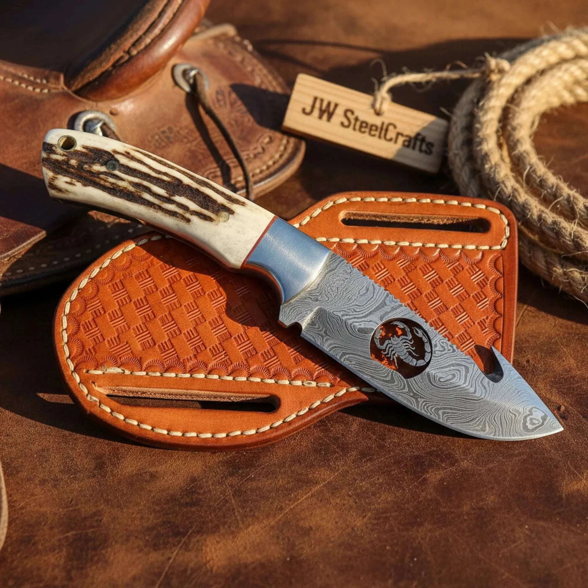 Palmarius Outdoors Scorpion Cutout Gut Hook Skinner Knife with Synthetic Stag Handle Handmade Gut Hook Knives