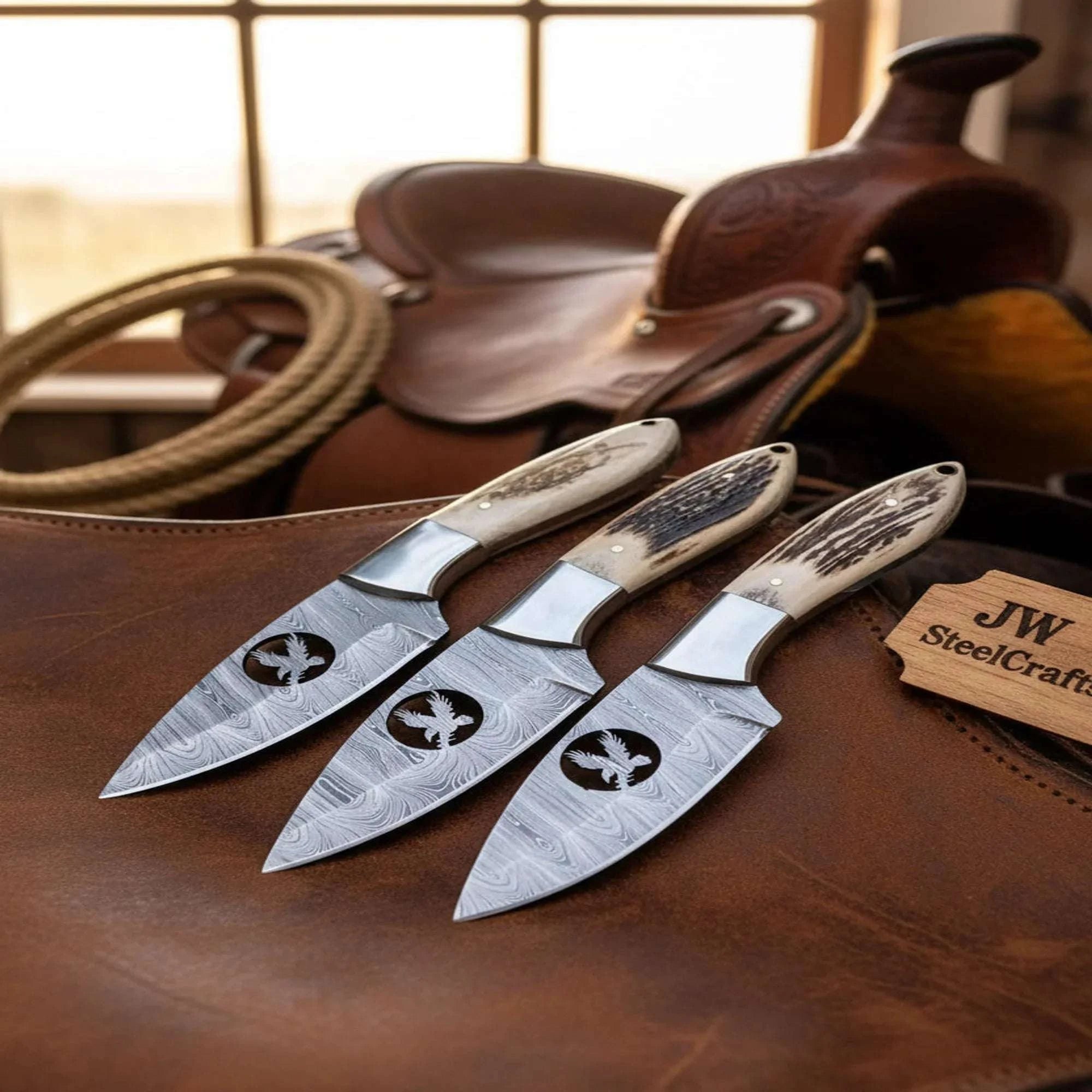 Palmarius Outdoors Handmade Damascus Steel Knife Set of 3 with Stag Horn Handle