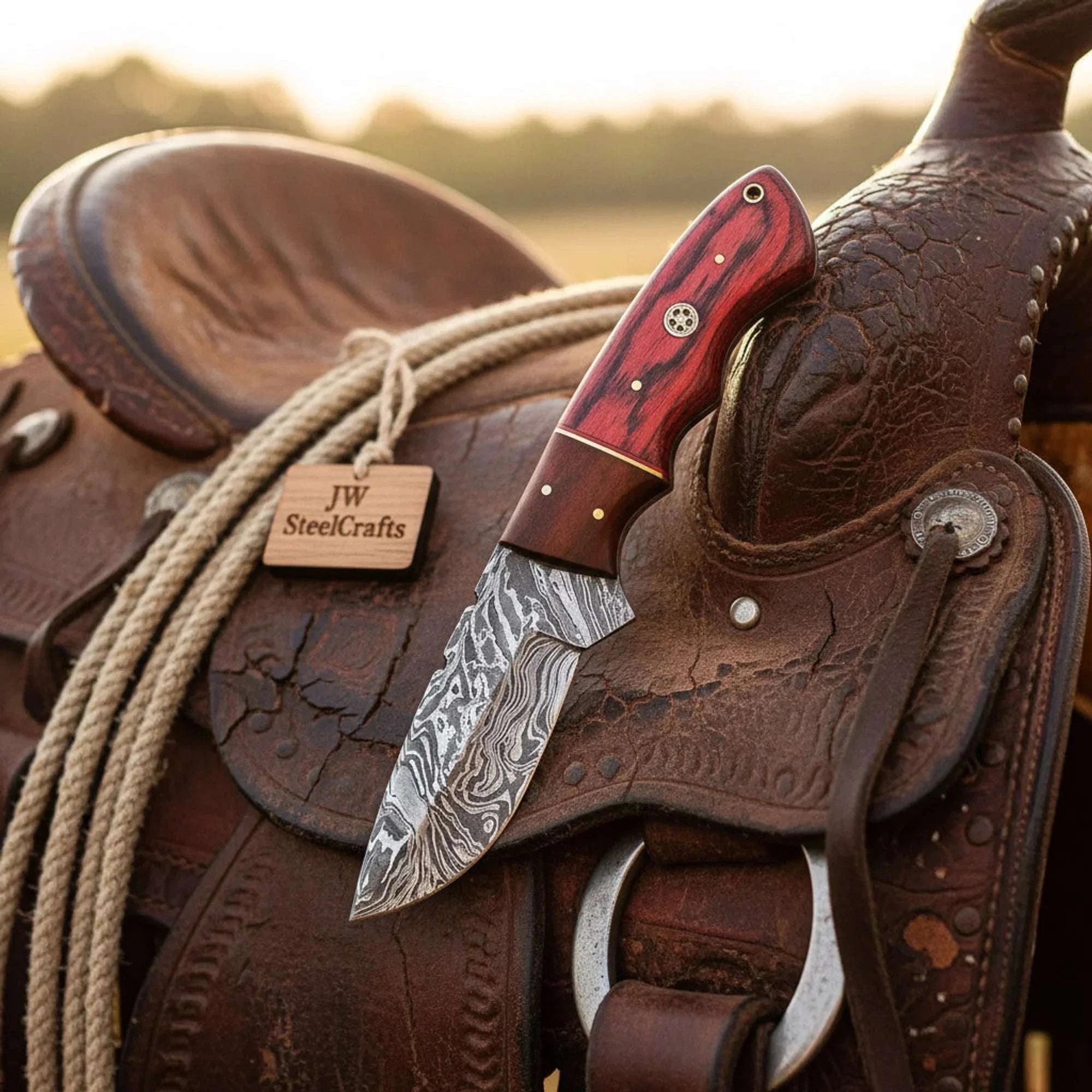 Palmarius Outdoors Damascus Steel Cowboy Knife 7" Overall Colored Wood Handle Full Tang