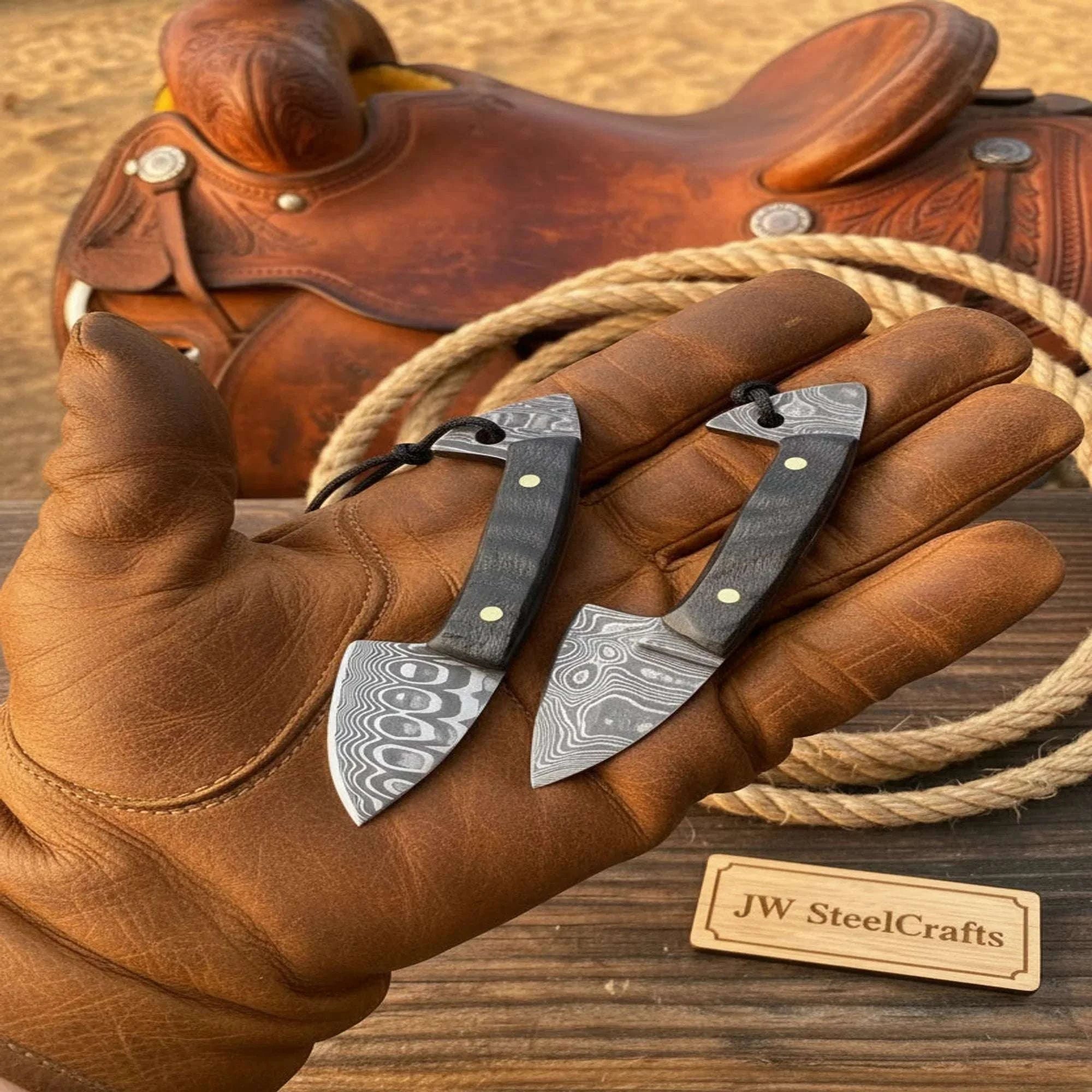 Palmarius Outdoors Damascus Mini Neck Knife Set of 2 Ram Horn Handle Full Tang Cowboy EDC Skinner Knives