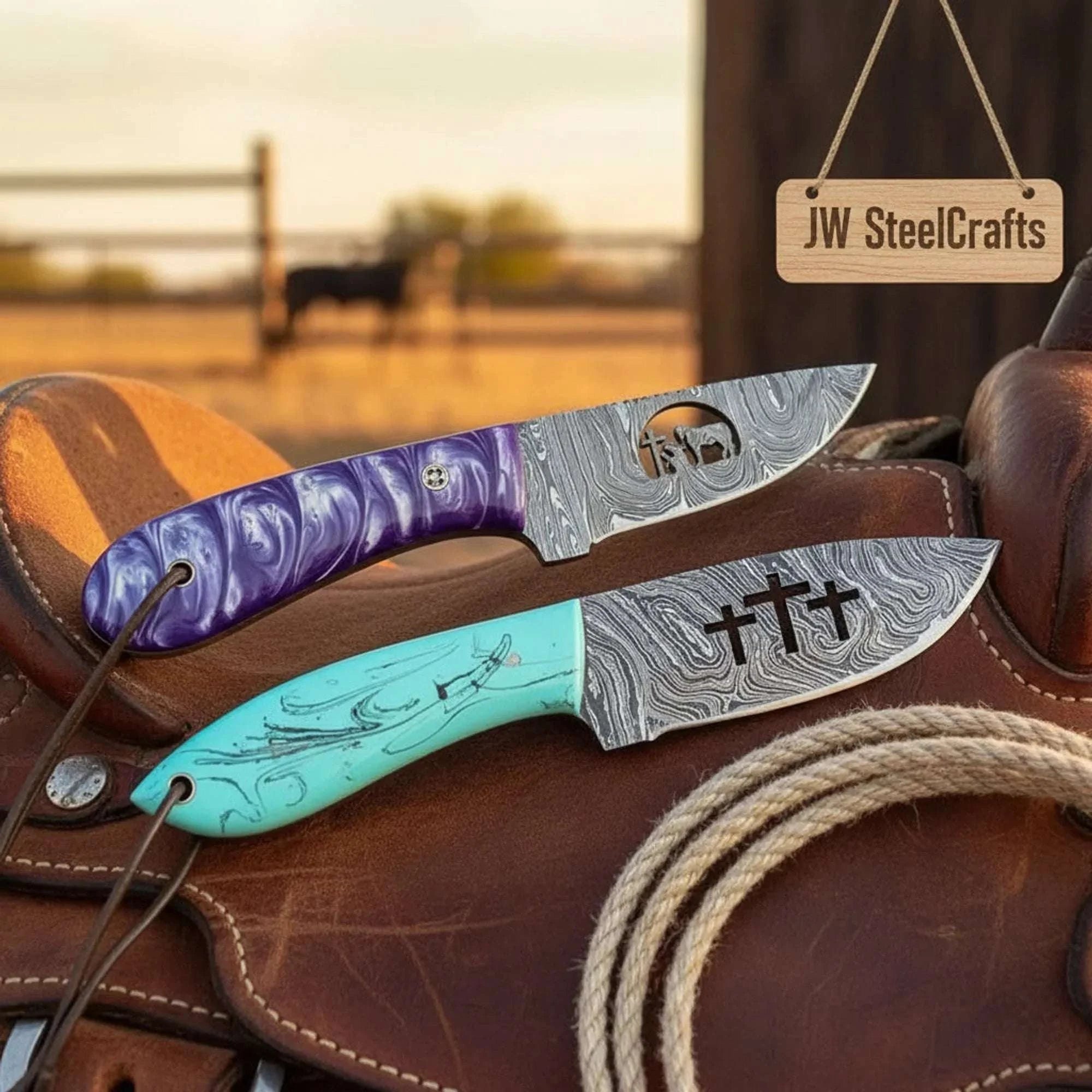 Palmarius Outdoors Handmade Cross Engraved Cowboy Knife Set of 2 Purple Blue Resin Handle Full Tang Christian Gift Skinner Knife