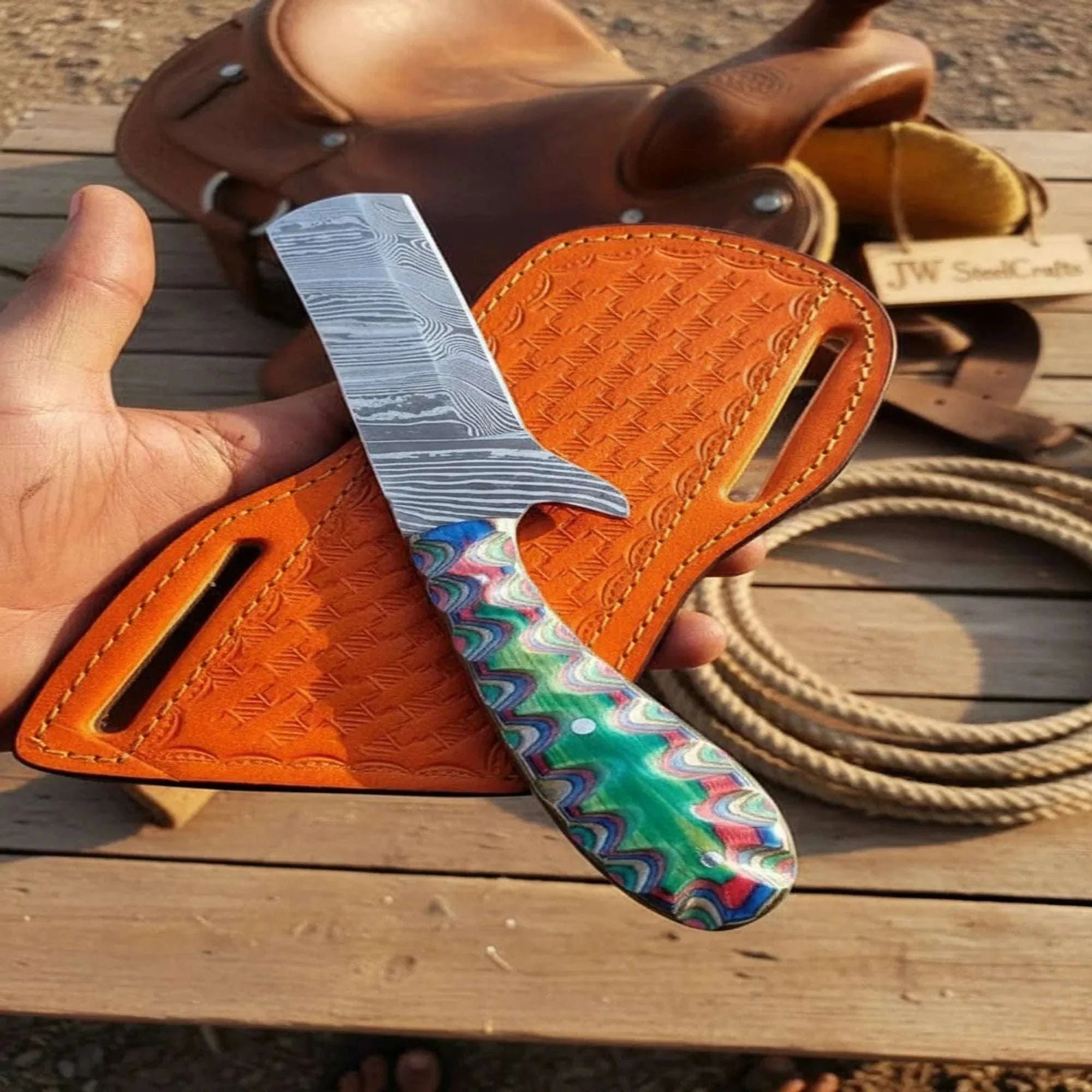 Palmarius Outdoors Twist Damascus Razor Knife with Multicolor Pakka Wood Handle Damascus Straight Razors