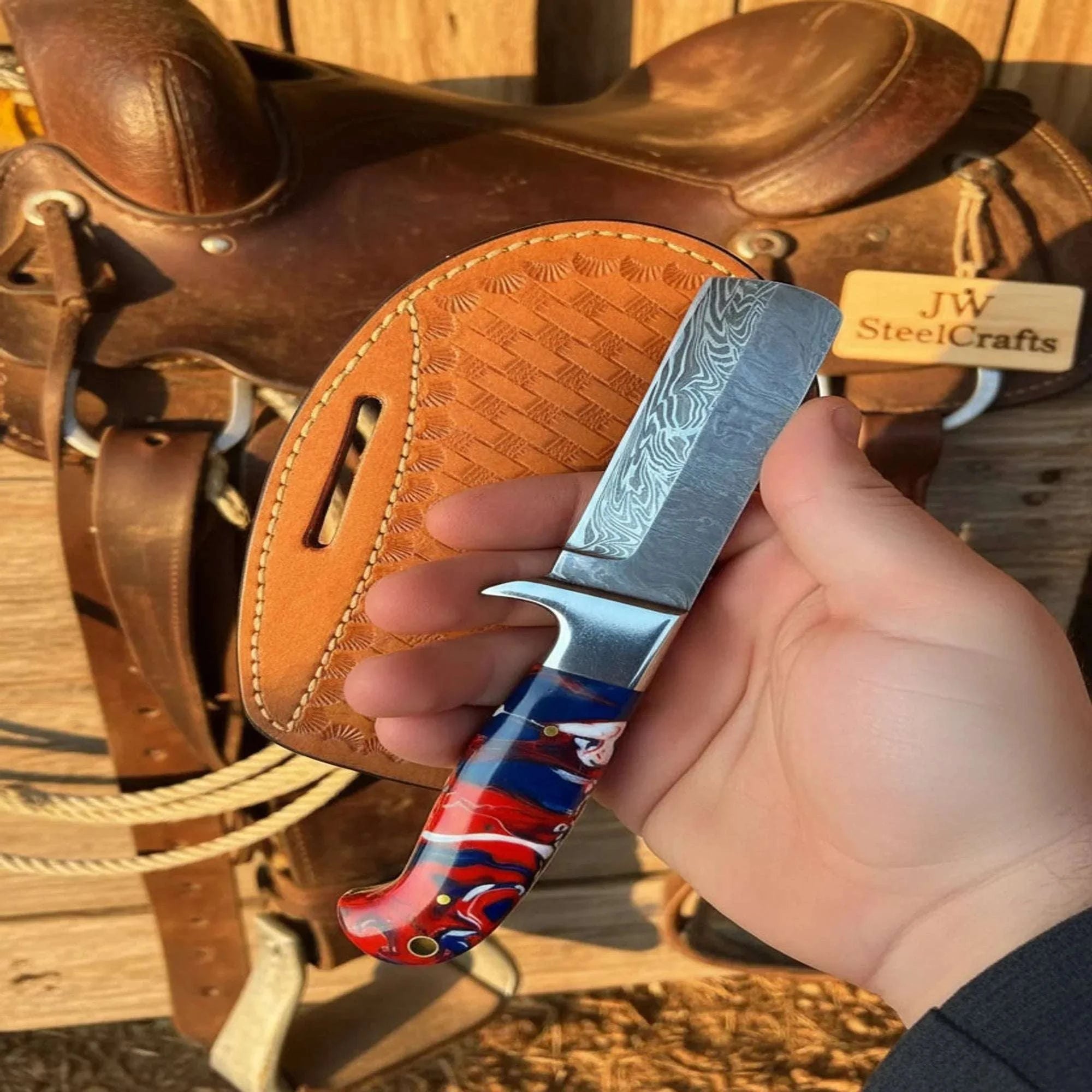 Palmarius Outdoors Damascus Steel Bull Cutter Knife with Resin Handle, 7" Fixed Blade