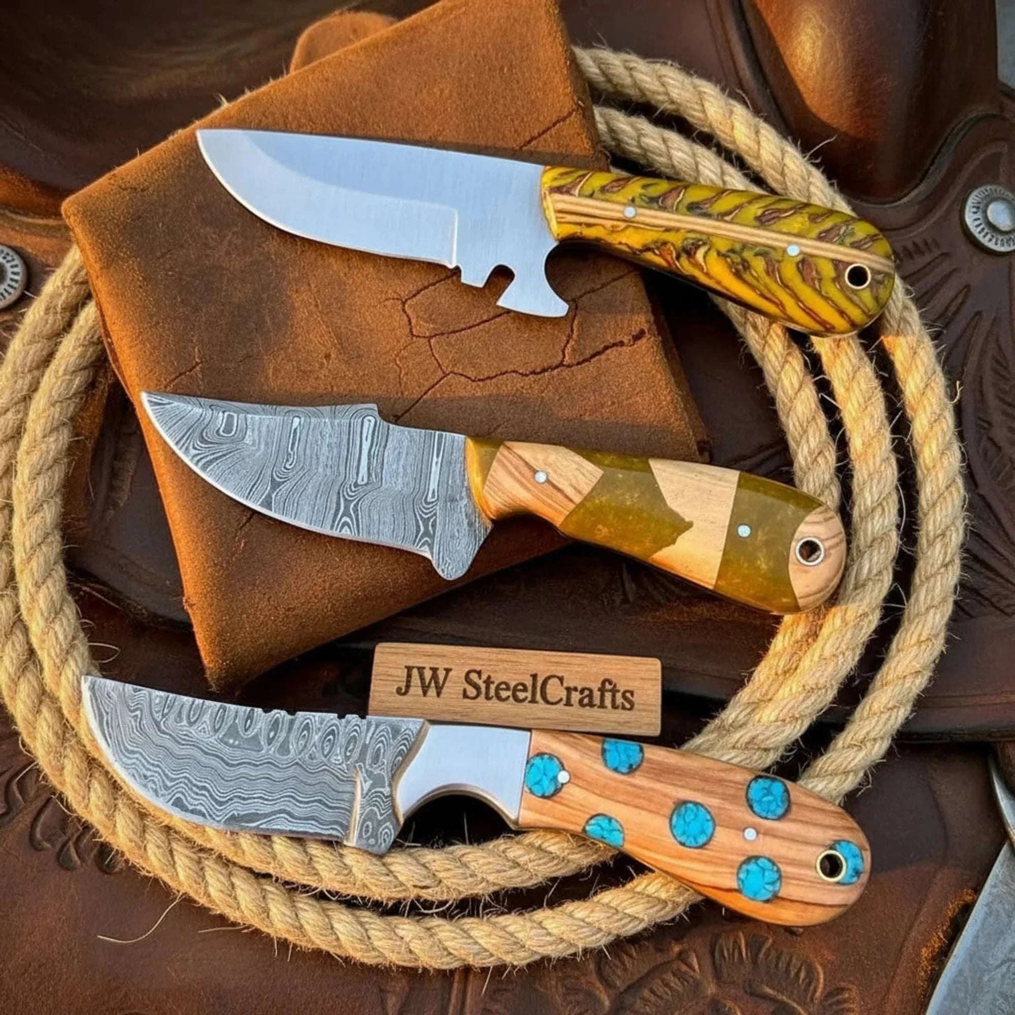 Palmarius Outdoors Custom Cowboy Trinity Knife Set with Wood Resin Handles Hunting Knife