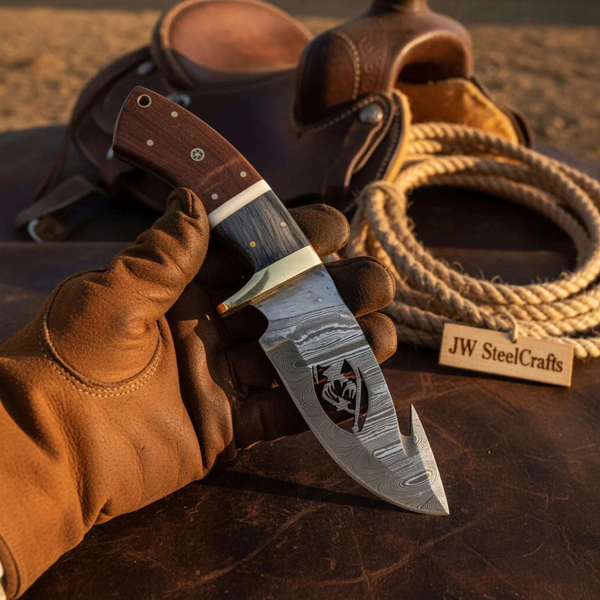 Palmarius Outdoors Handmade Damascus Steel Gut Hook Hunting Knife 8" with Rose Wood & Pakka Wood Handle