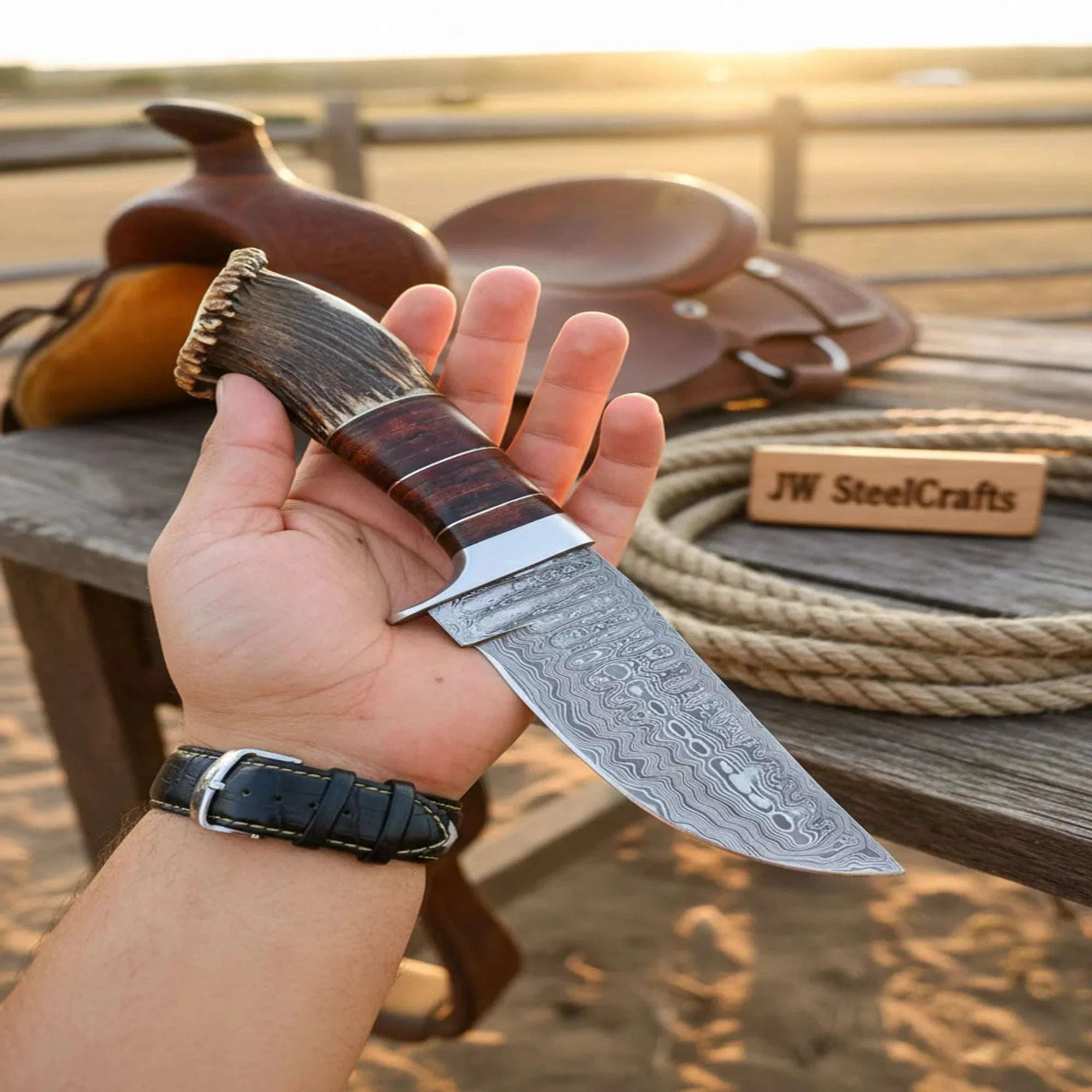 Palmarius Outdoors Damascus Crown Stag Bowie with Crown Stag Horn Handle Bowie Knife