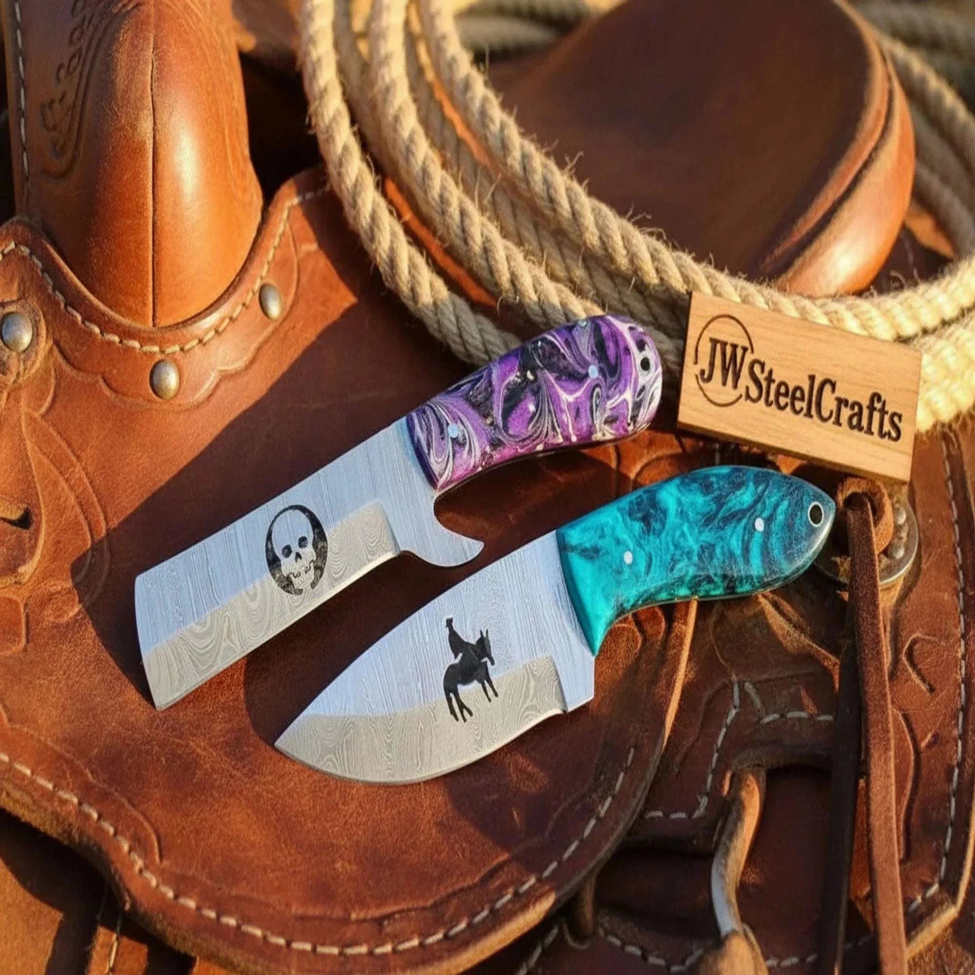 Palmarius Outdoors Canyon Ridge Cowboy Skinner knife Set of 2 Purple & Blue Resin Handle Skull Cowboy Engraved Full Tang