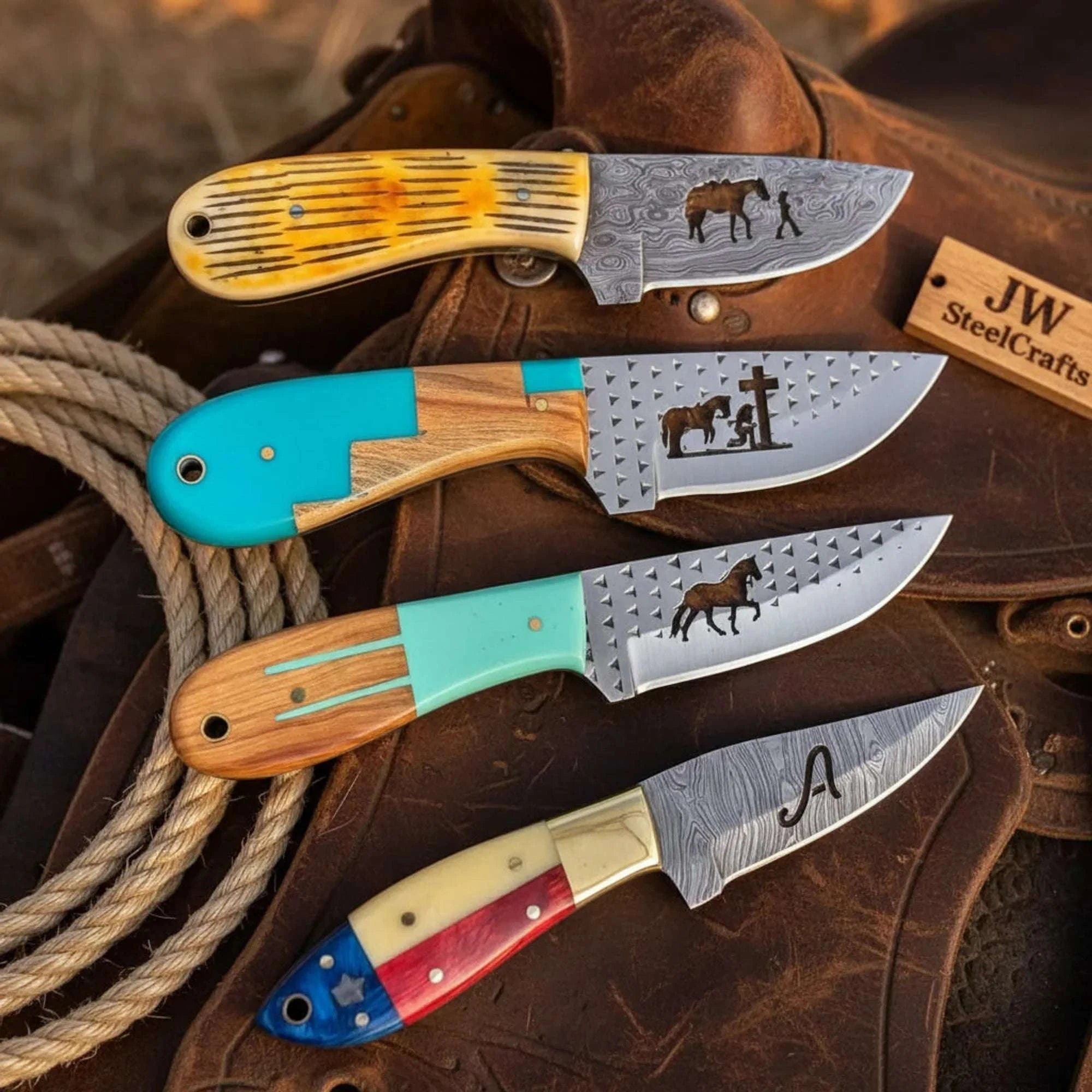 Palmarius Outdoors Handmade Engraved Cowboy Knife Set of 4, Resin & Bone Handle, 7" Fixed Blade Set