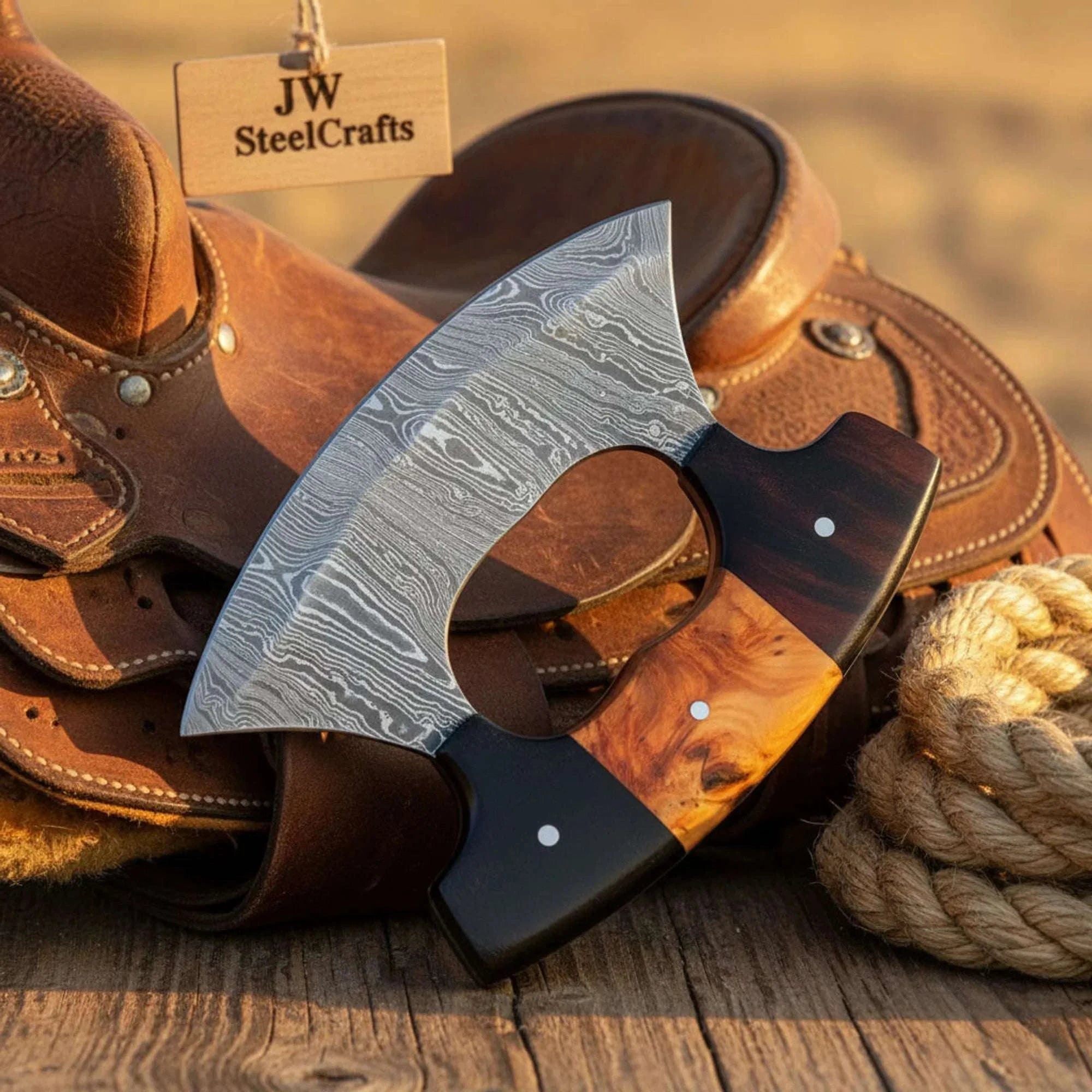 Palmarius Outdoors Two Tone Damascus Ulu Knife with Wood and Resin Handle Ulu knife