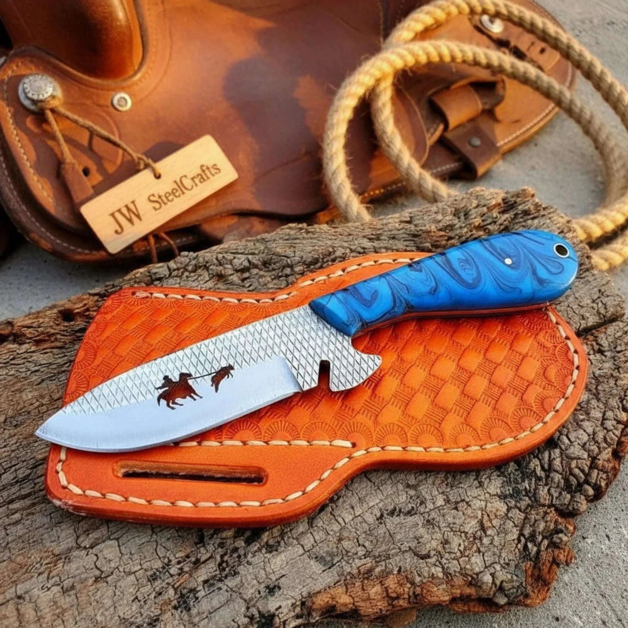 Palmarius Outdoors Horseback Trail Skinner Knife Blue Damascus Blade with Stag Horn Handle 9" Skinner Knife