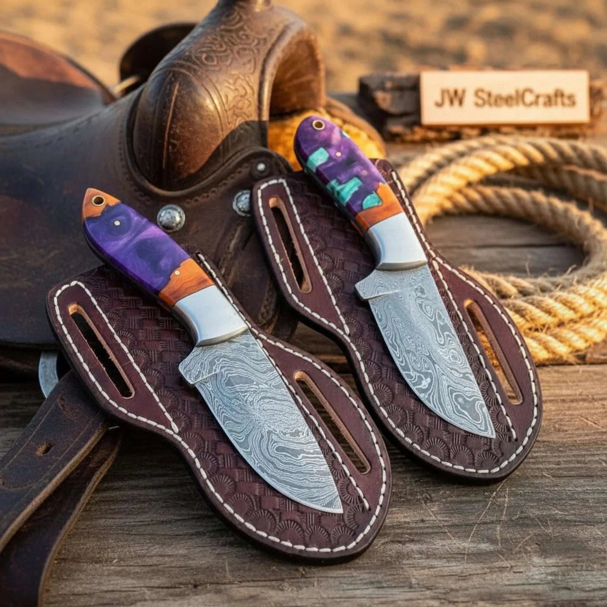 Palmarius Outdoors Prairie Fire Cowboy Knife Set of 2 Multi Color Resin Handle 7" Steel Bolster Cross Draw Sheath Survival Knife