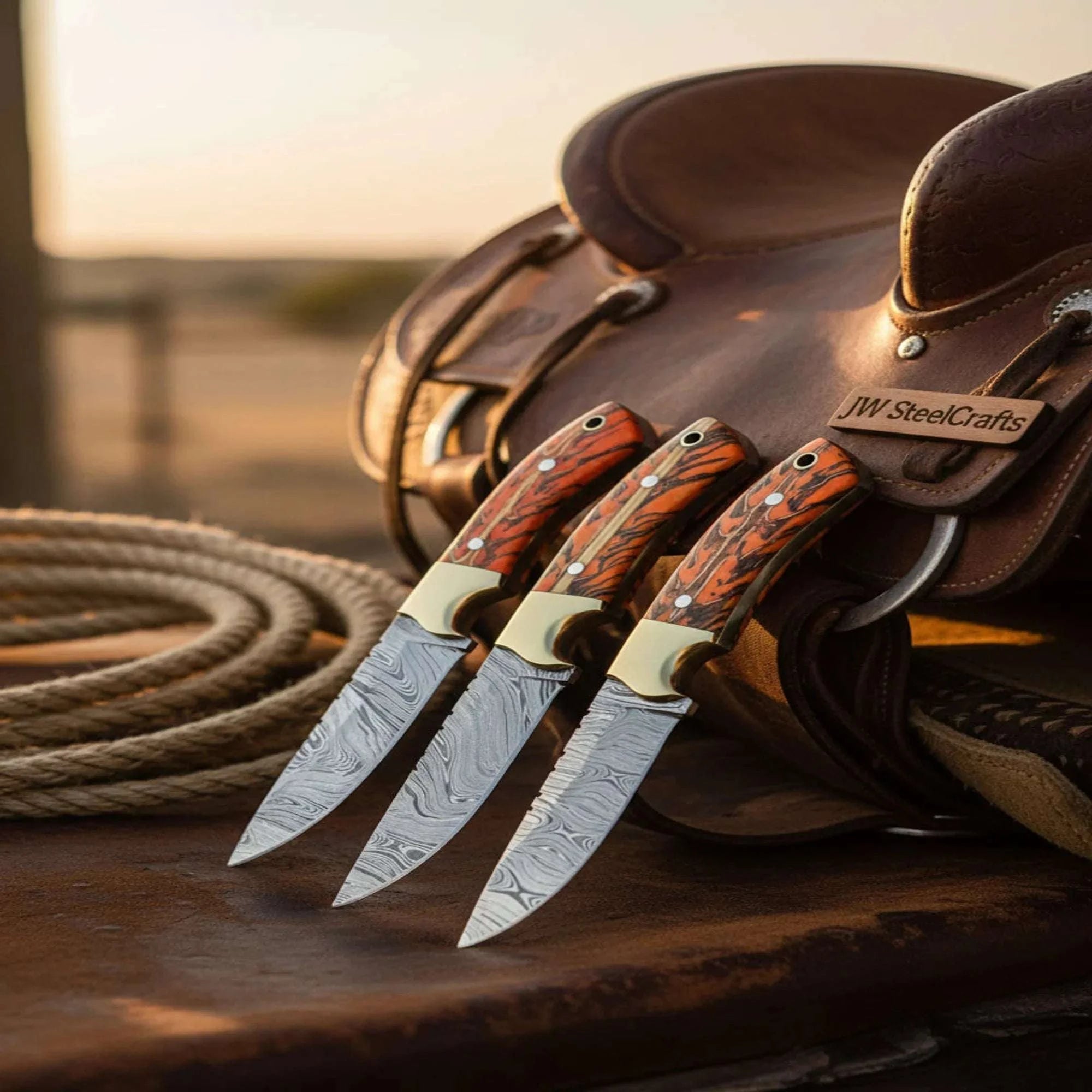 Palmarius Outdoors Damascus Knife Set of 3, 8" Wood Handle