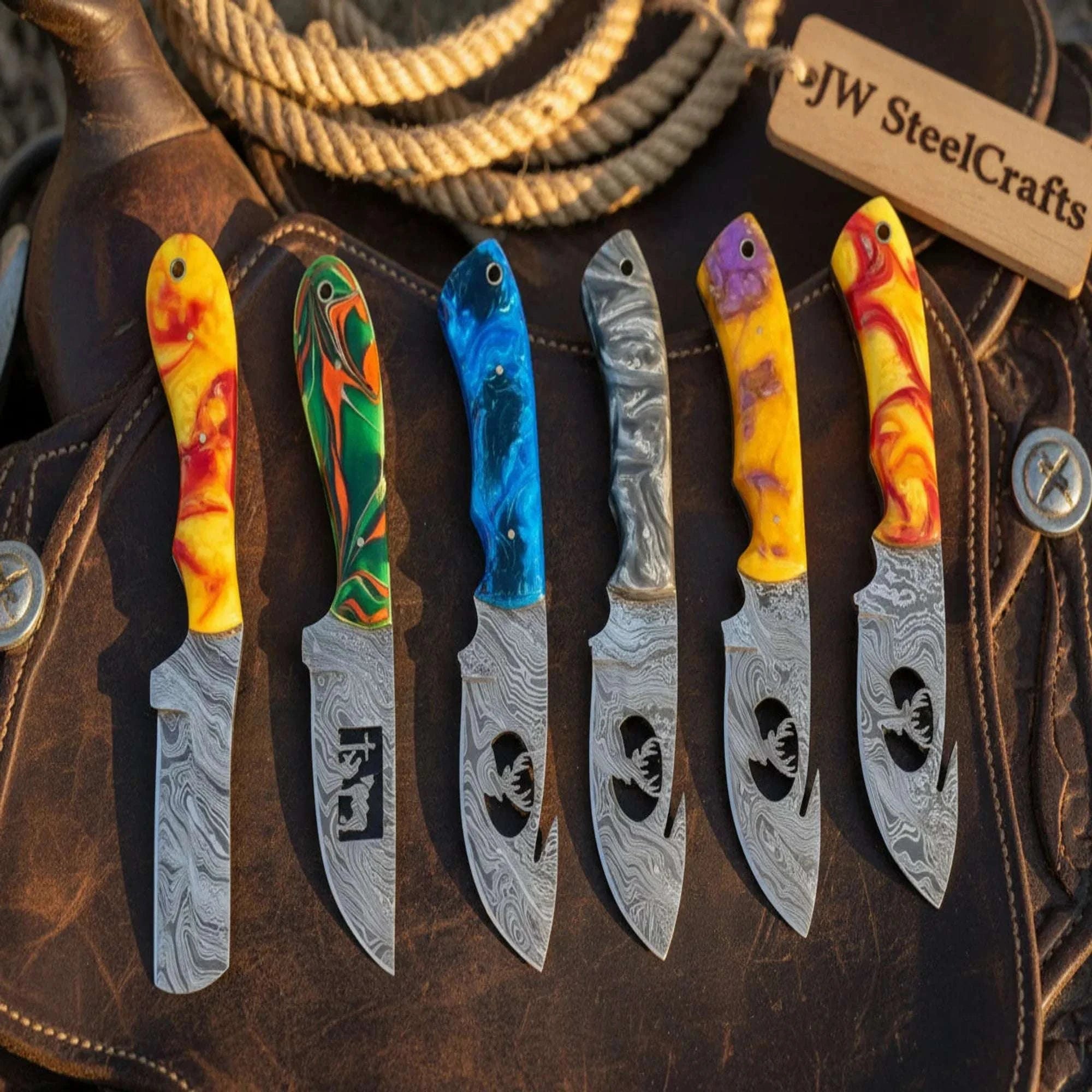 Palmarius Outdoors Cowboy and Wire Cutout Skinner Knife Set with Multi Color Resin Handles Skinner Knife