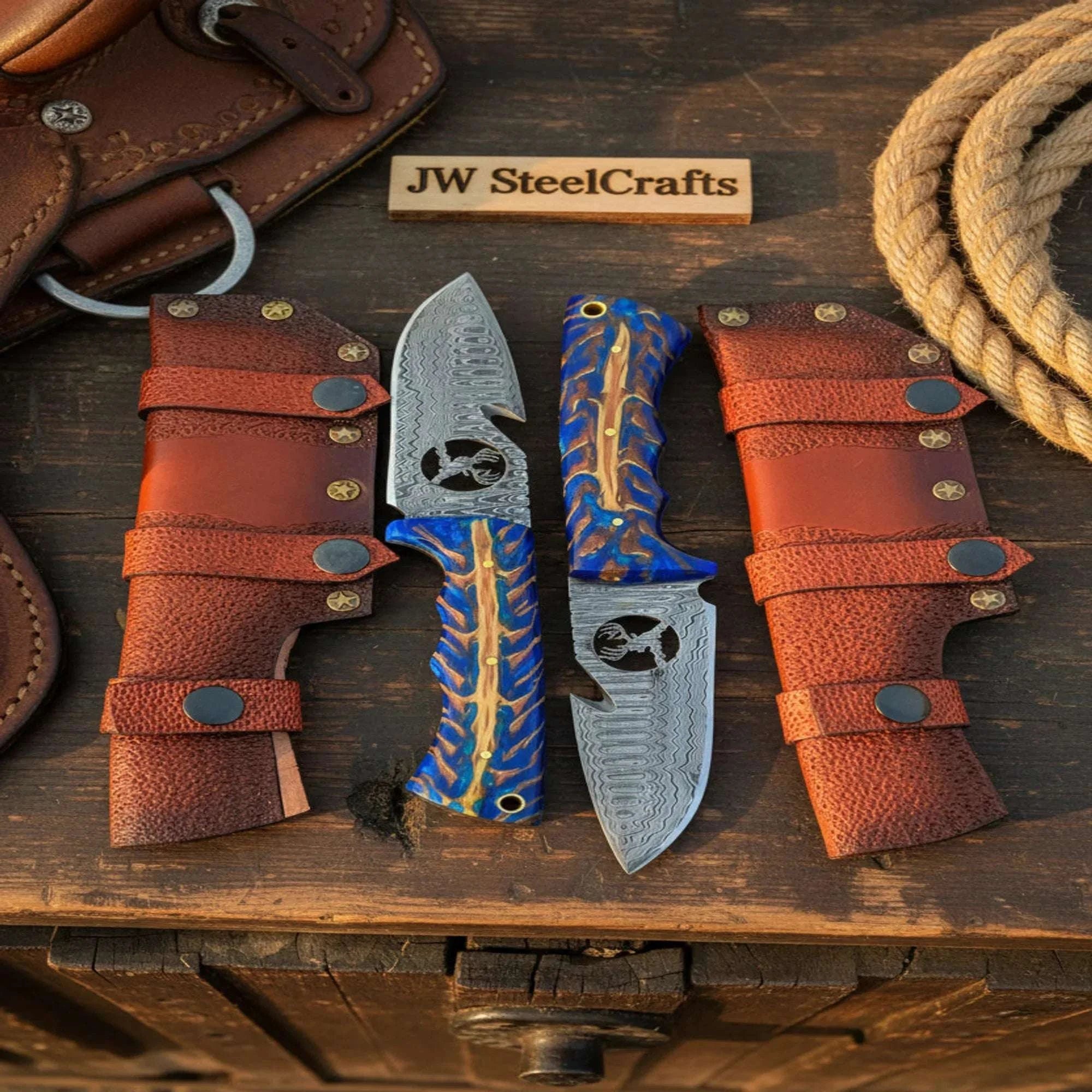 Palmarius Outdoors Handmade Skinner Knife Set of 2 7" Purple Pinecone Handle Deer Engraved