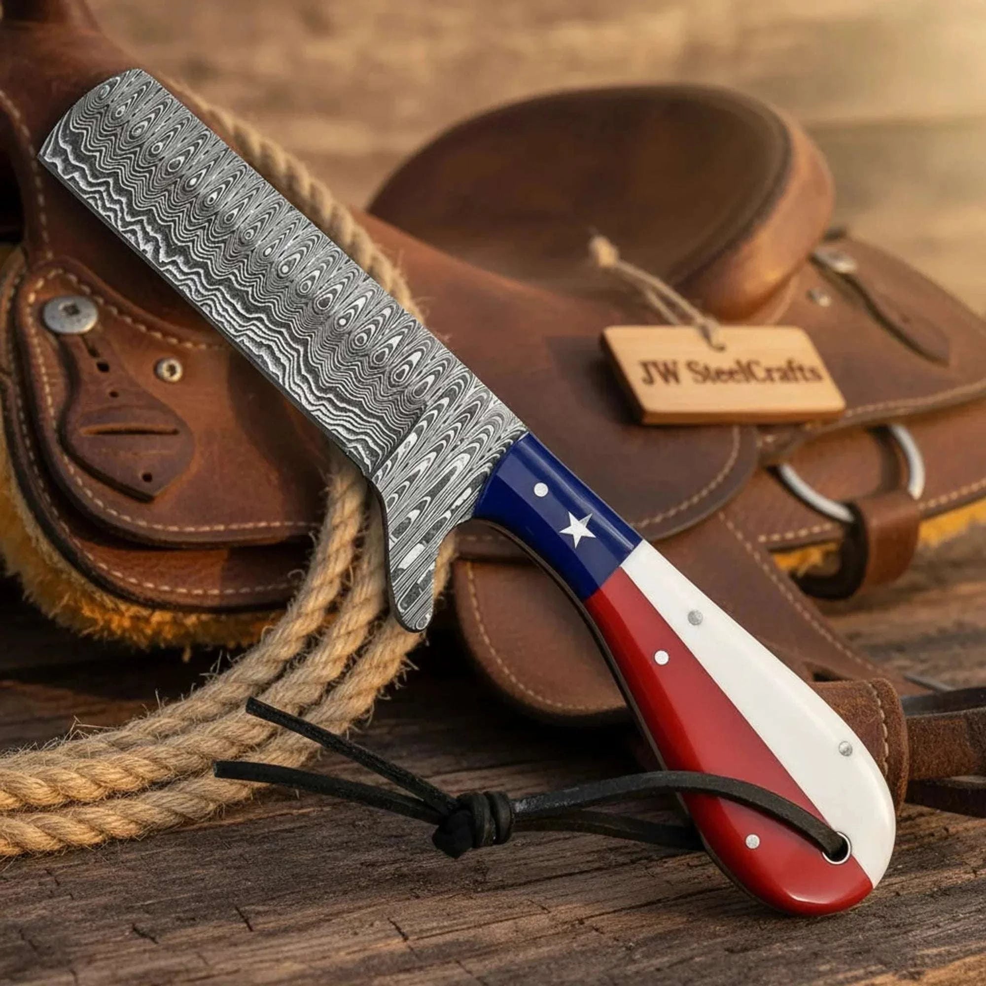 Palmarius Outdoors Texas Flag Damascus Bull Cutter Knife with Ladder Pattern Blade Hunting Knife