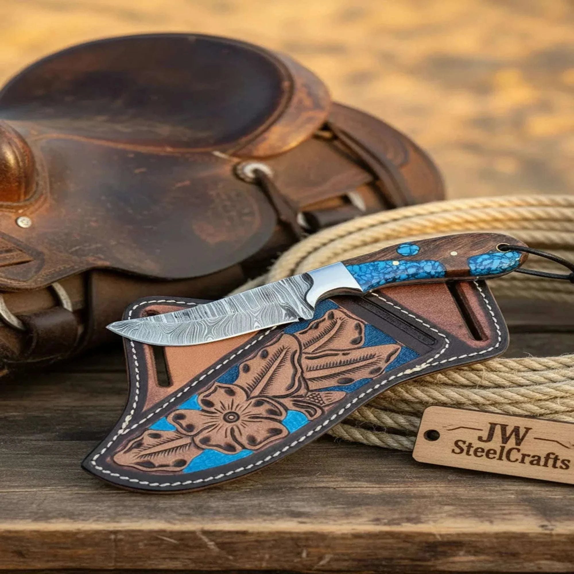 Palmarius Outdoors Damascus Turquoise Skinner Knife Rosewood Blue Resin Handle Hand Engraved Sheath 7"