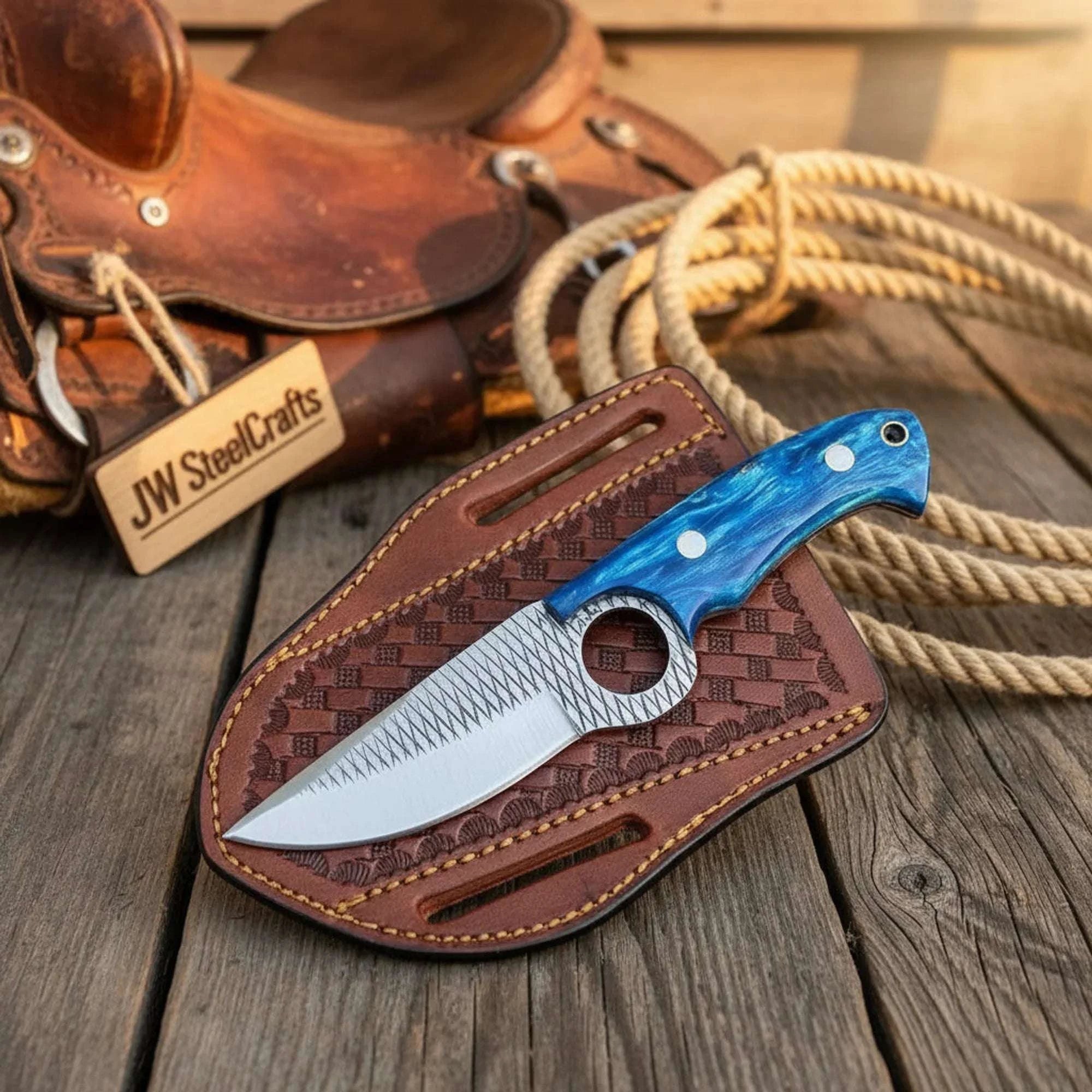 Palmarius Outdoors Finger-Hole Skinning Knife with Blue Pakka Wood Handle Skinner Knife