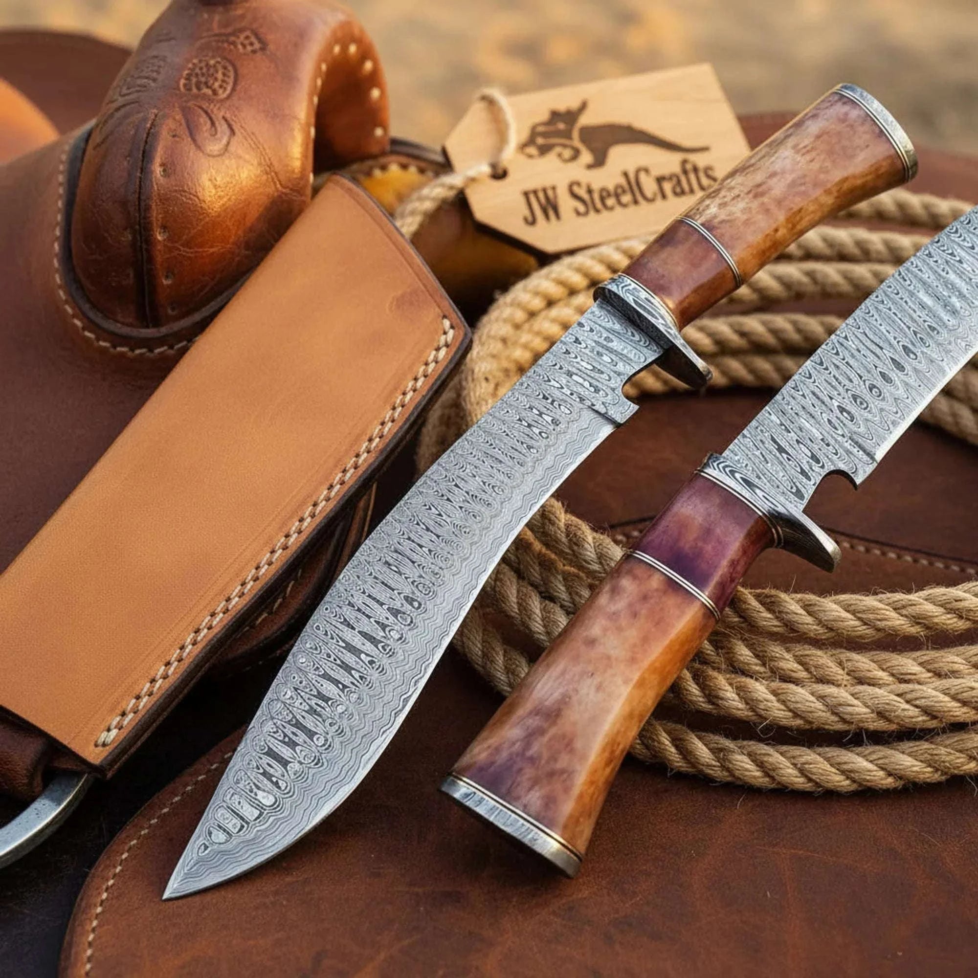Palmarius Outdoors Damascus Tracker-Kukri Hybrid Knife with Colored Bone Handle Kukri Knife