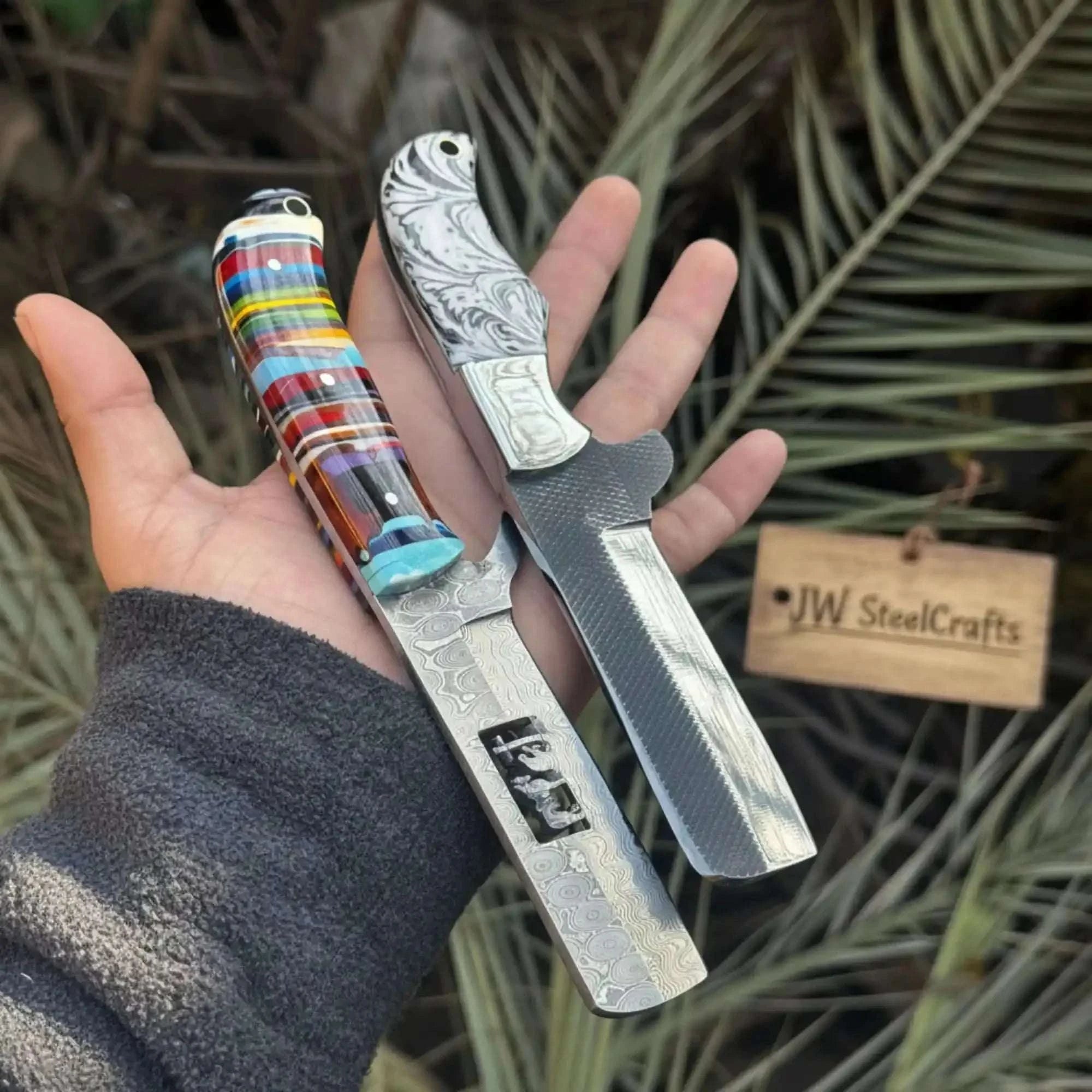 Palmarius Outdoors 2-Piece Fixed Blade Knives Rasp Steel Cleaver Rainbow Resin Handle Bowie Knife