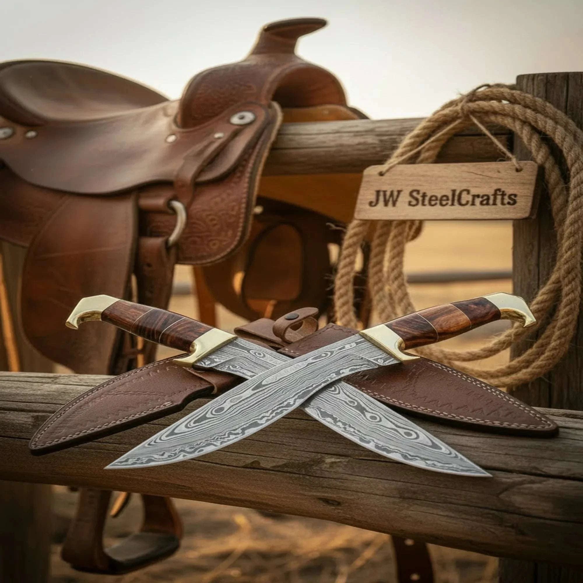 Palmarius Outdoors Ranchland Crossed Kukri Set 20" Handmade Damascus Steel Knives with Leather Sheaths Kukri Knife
