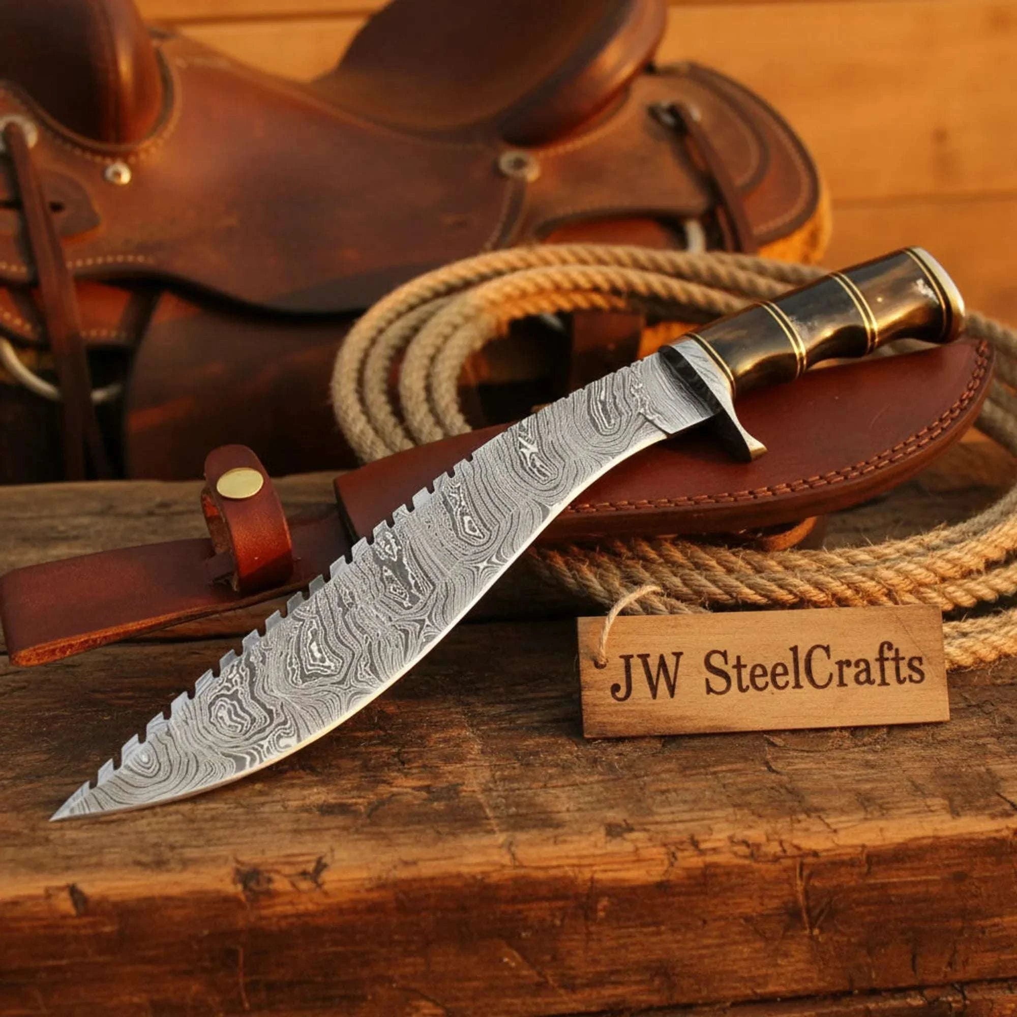 Palmarius Outdoors Hand Forged Damascus Gurkha Machete Black Resin Handle Brass Spacer Serrated Spine 12"