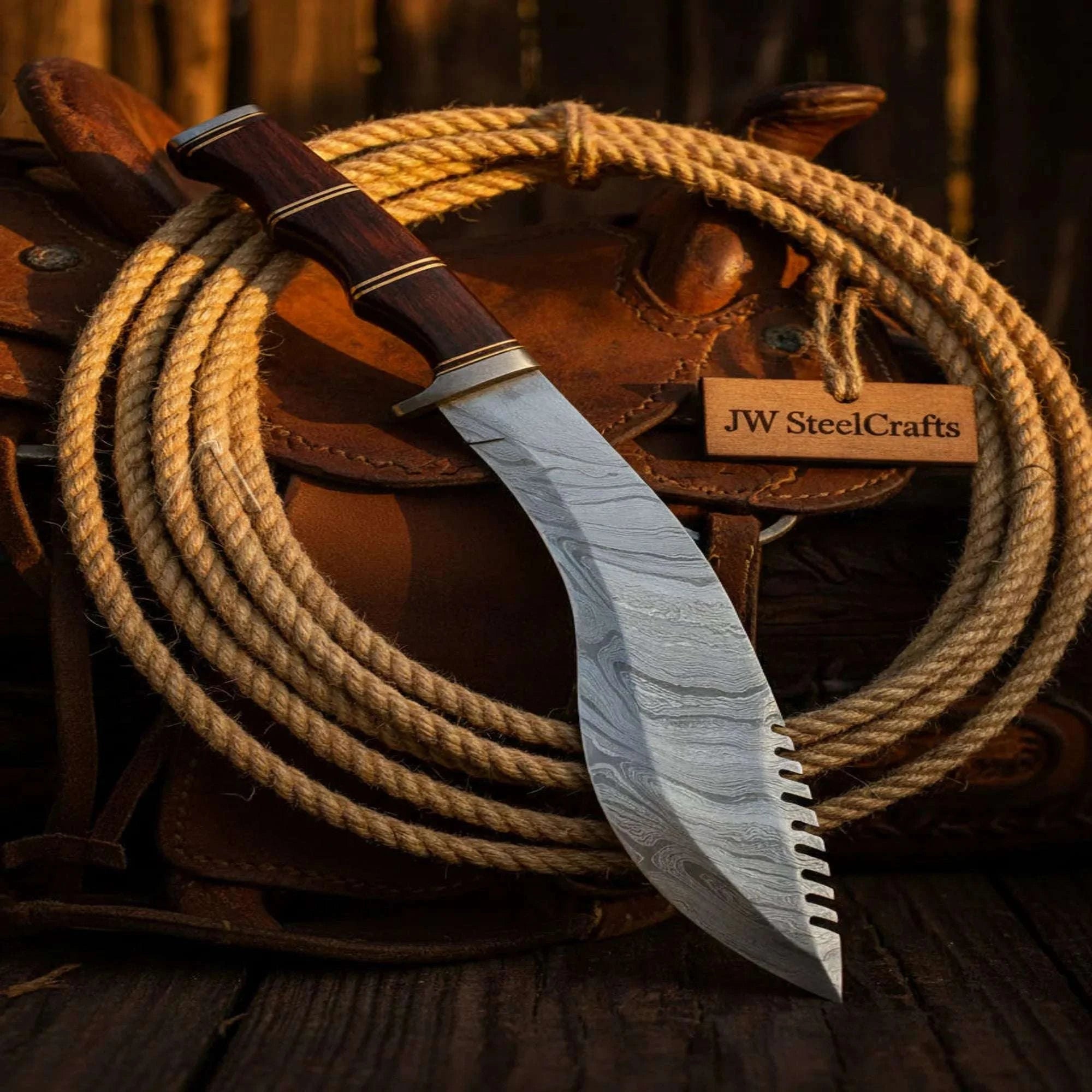 Palmarius Outdoors Damascus Kukri Knife with Rosewood Handle, 10" Blade