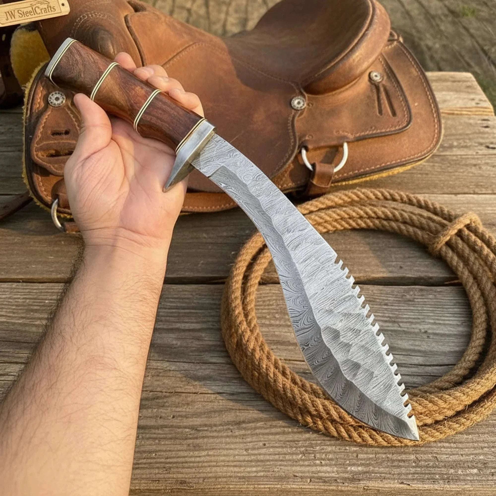 Palmarius Outdoors Damascus Sawback Kukri with Forward Curved Blade and Rosewood Handle Kukri Knife