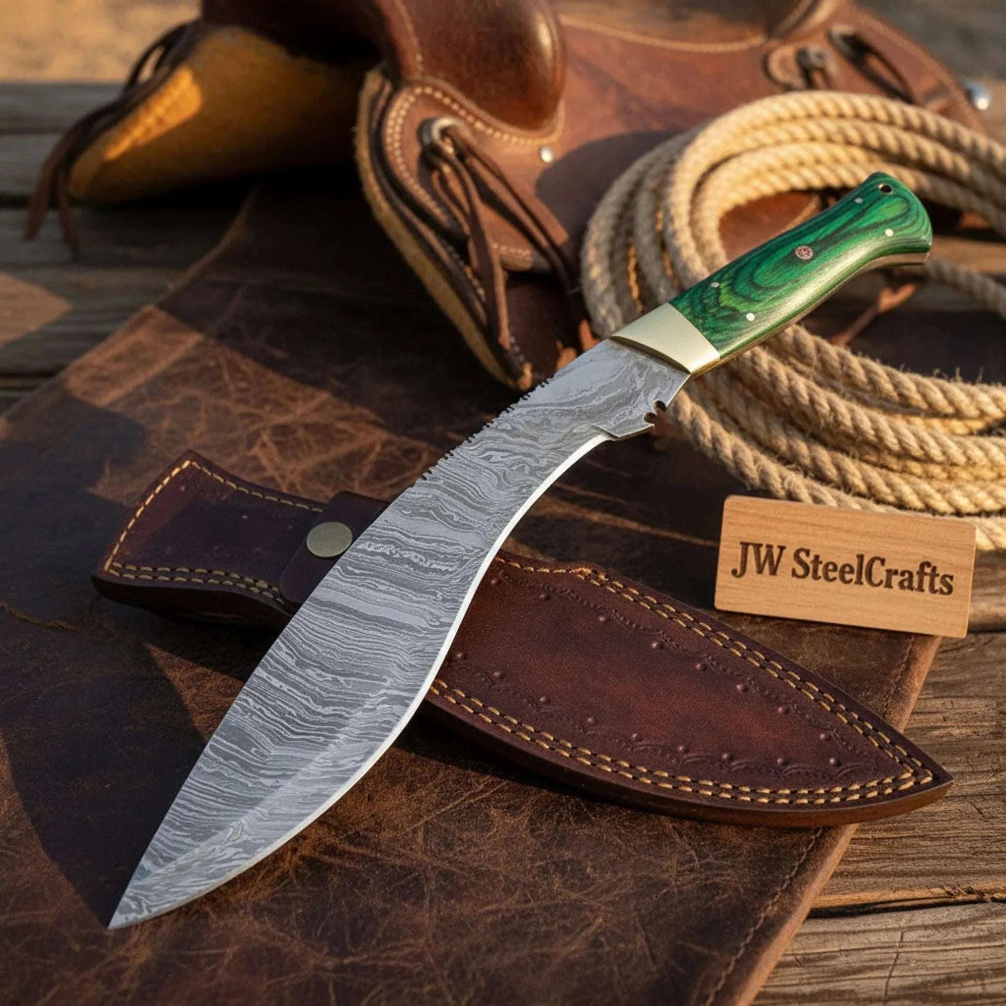 Palmarius Outdoors Green Dollar-Wood Kukri Knife with Ladder Damascus Blade and Brass Bolster Kukri Knife