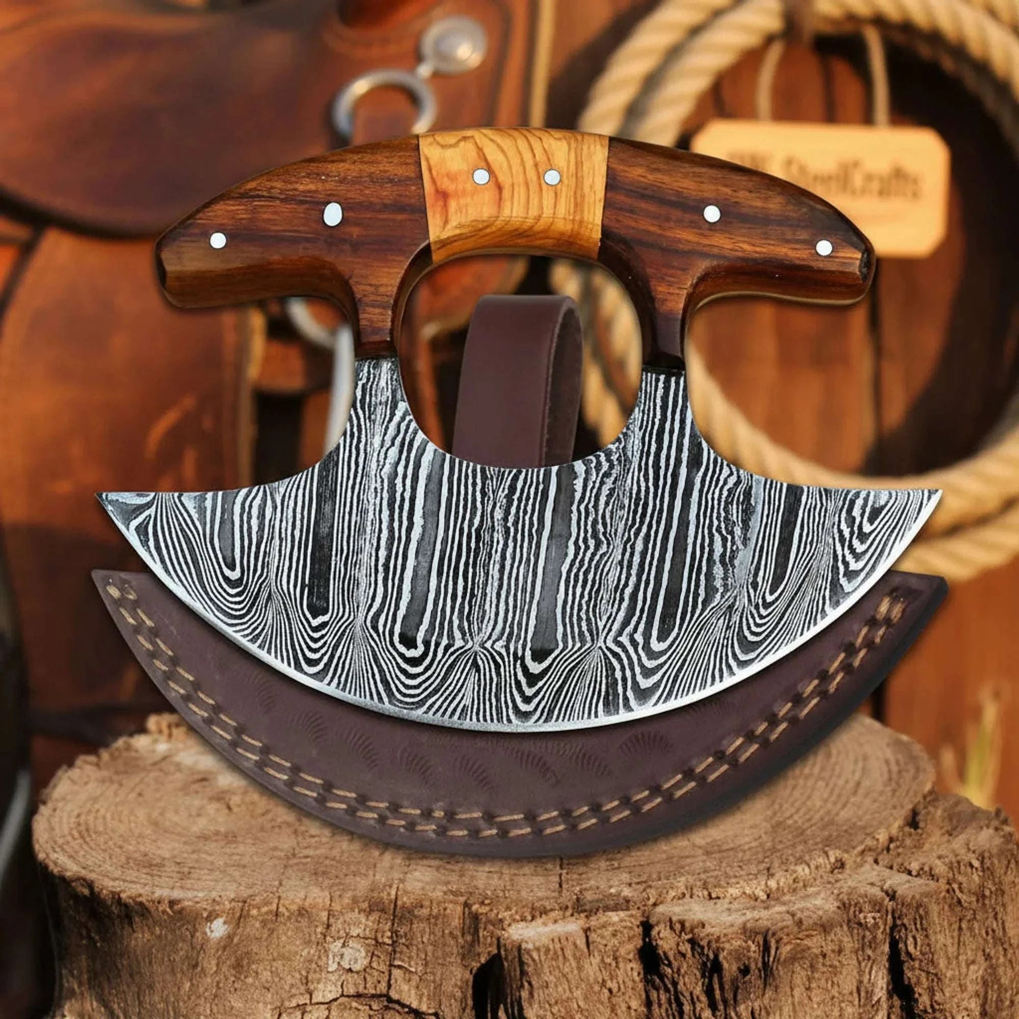 Palmarius Outdoors Shard Blade Ulu Rocker – Tundra Edge 6” Hand-Forged Damascus Chopper