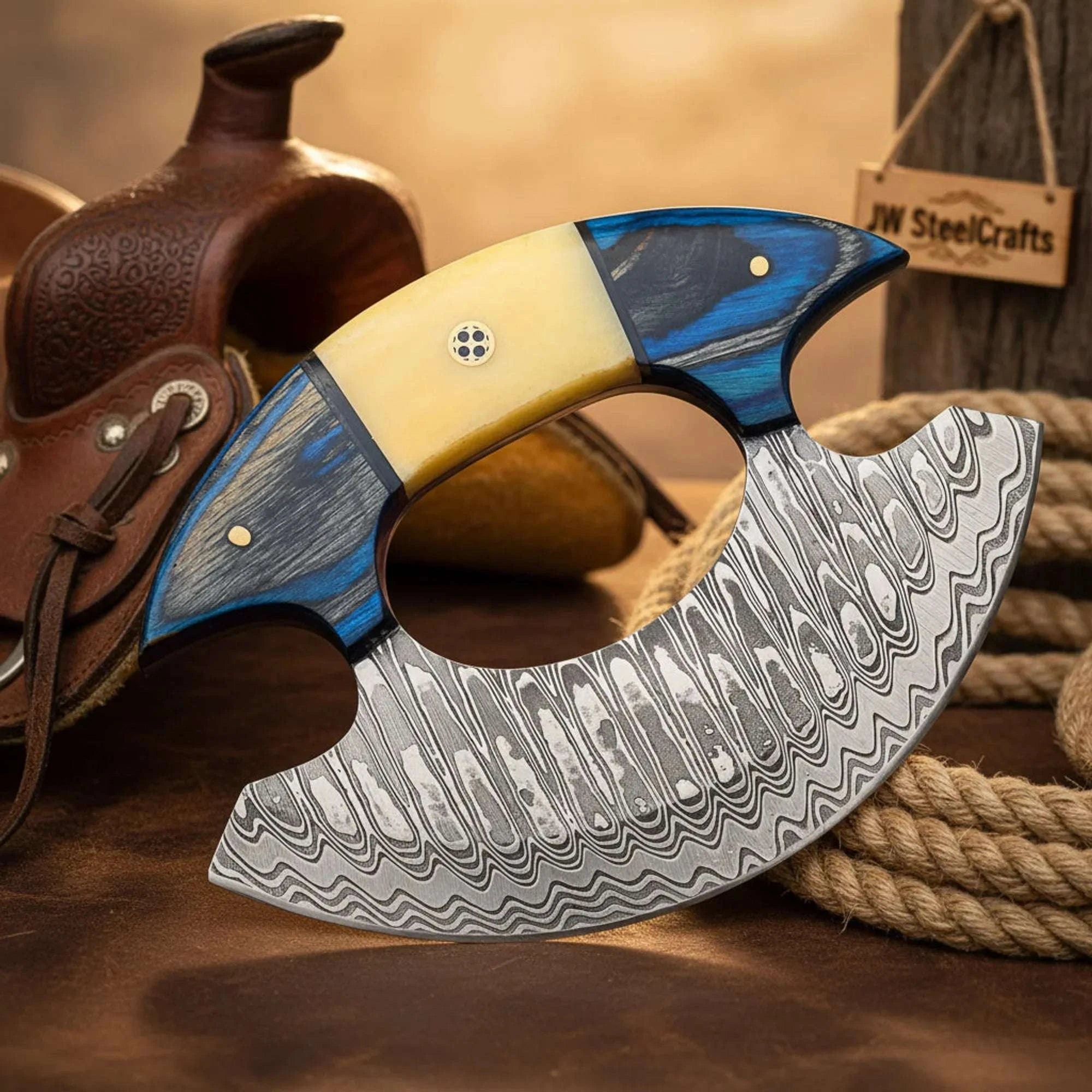 Palmarius Outdoors Pakkawood Handle Ulu Rocker – Hand-Forged Damascus Steel Crescent Knife with Mosaic Pin Detail