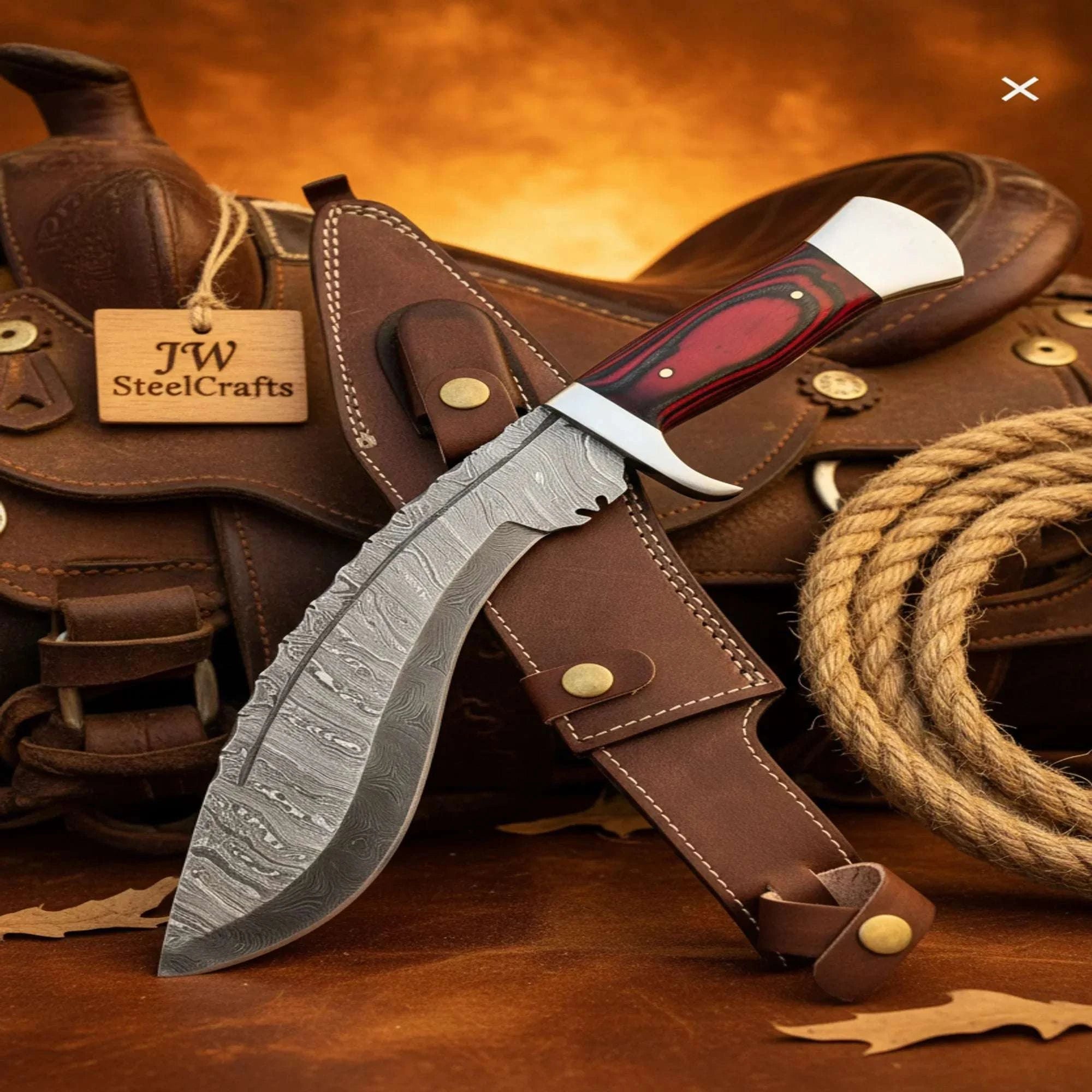 Palmarius Outdoors Fire Pattern Damascus Kukri Knife with Red Pakka Wood Handle Kukri Knife