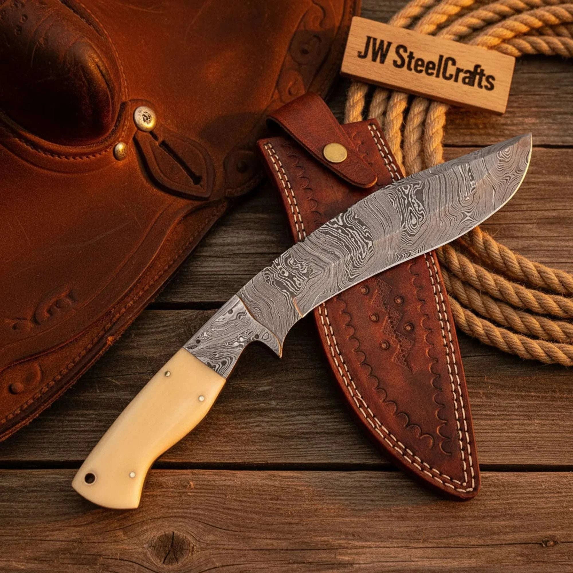 Palmarius Outdoors Handmade Damascus Steel Cleaver Knife, Camel Bone Handle, 9" Blade