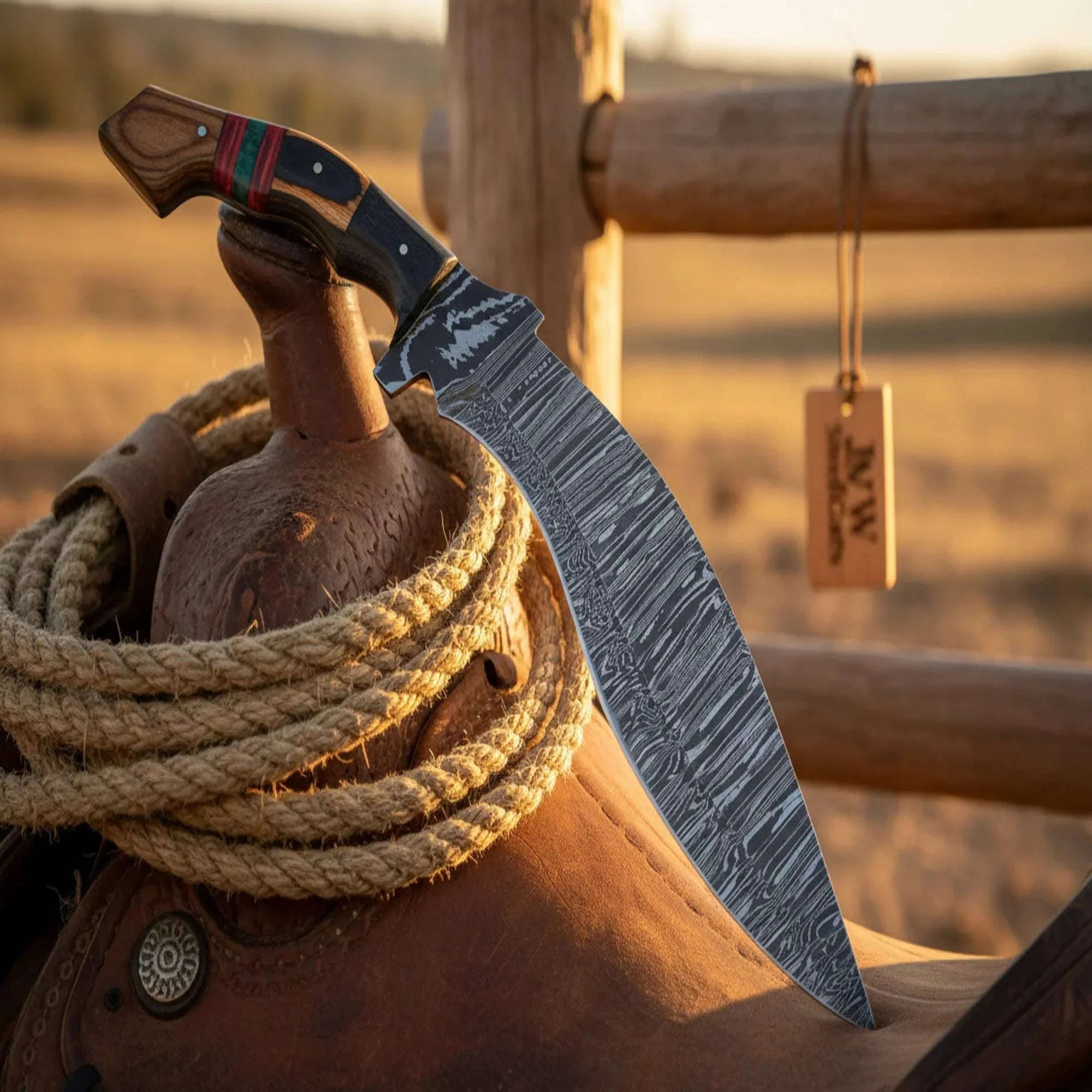 Palmarius Outdoors Damascus Kukri Knife with Natural Wood Handle and Forward Curved Blade Kukri Knife