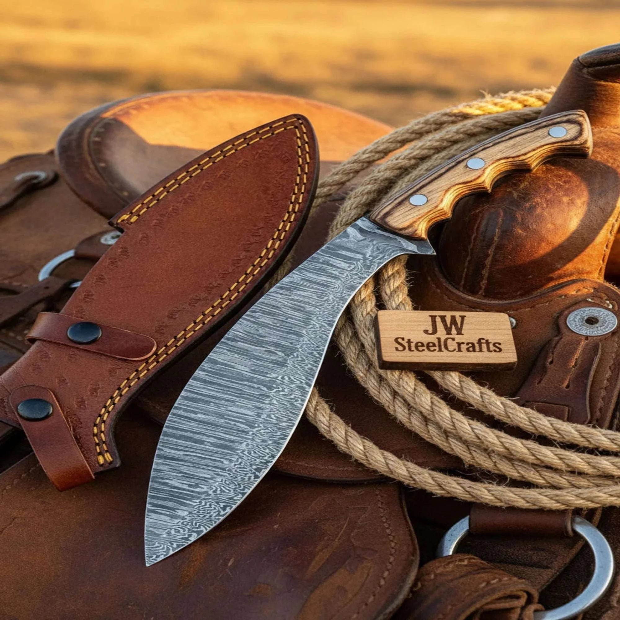 Palmarius Outdoors Finger-Grooved Damascus Gurkha Knife Pakka Wood Handle 15" Kukri Knife