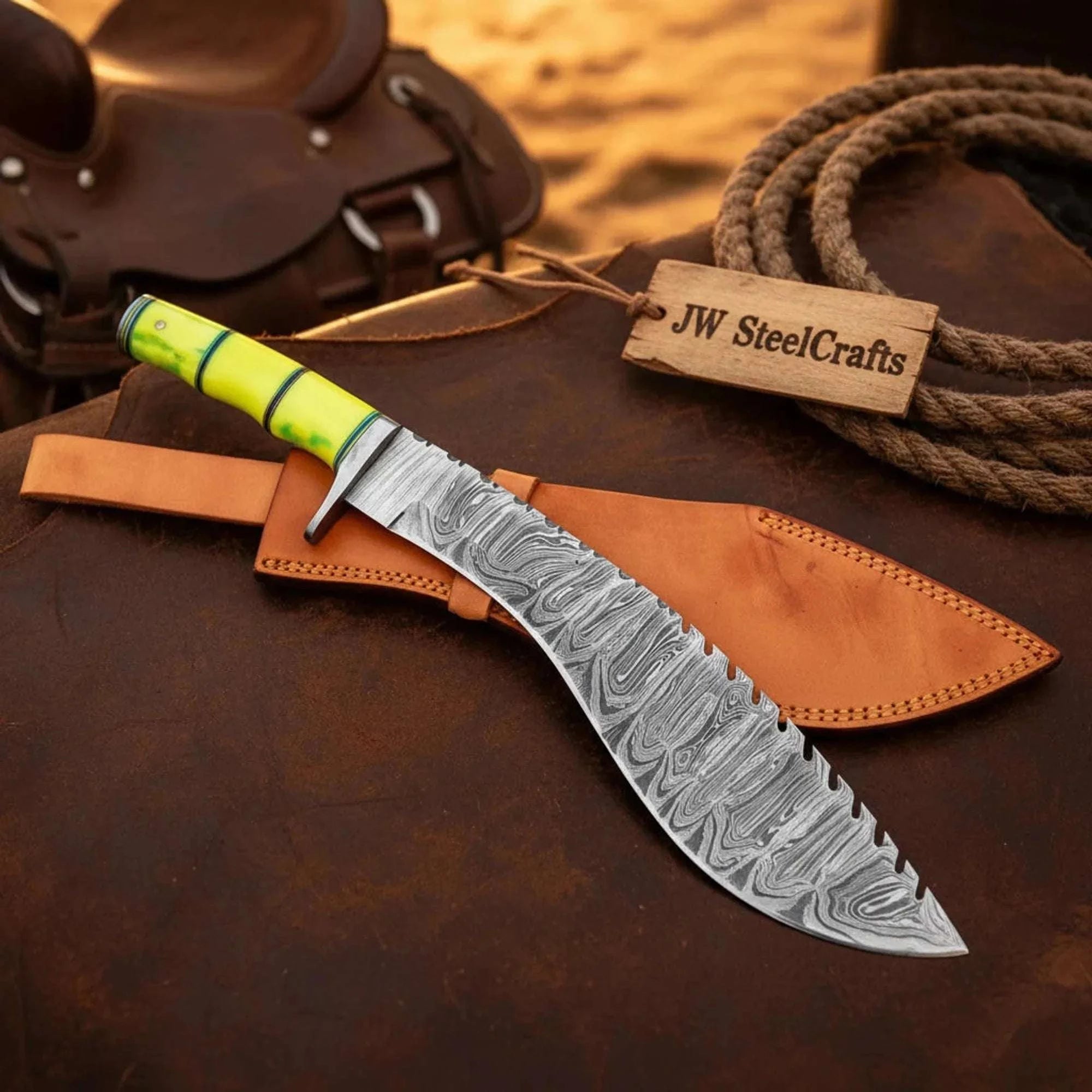 Palmarius Outdoors Damascus Gurkha Machete Knife yellow Resin Handle Serrated Spine Leather Sheath 15"