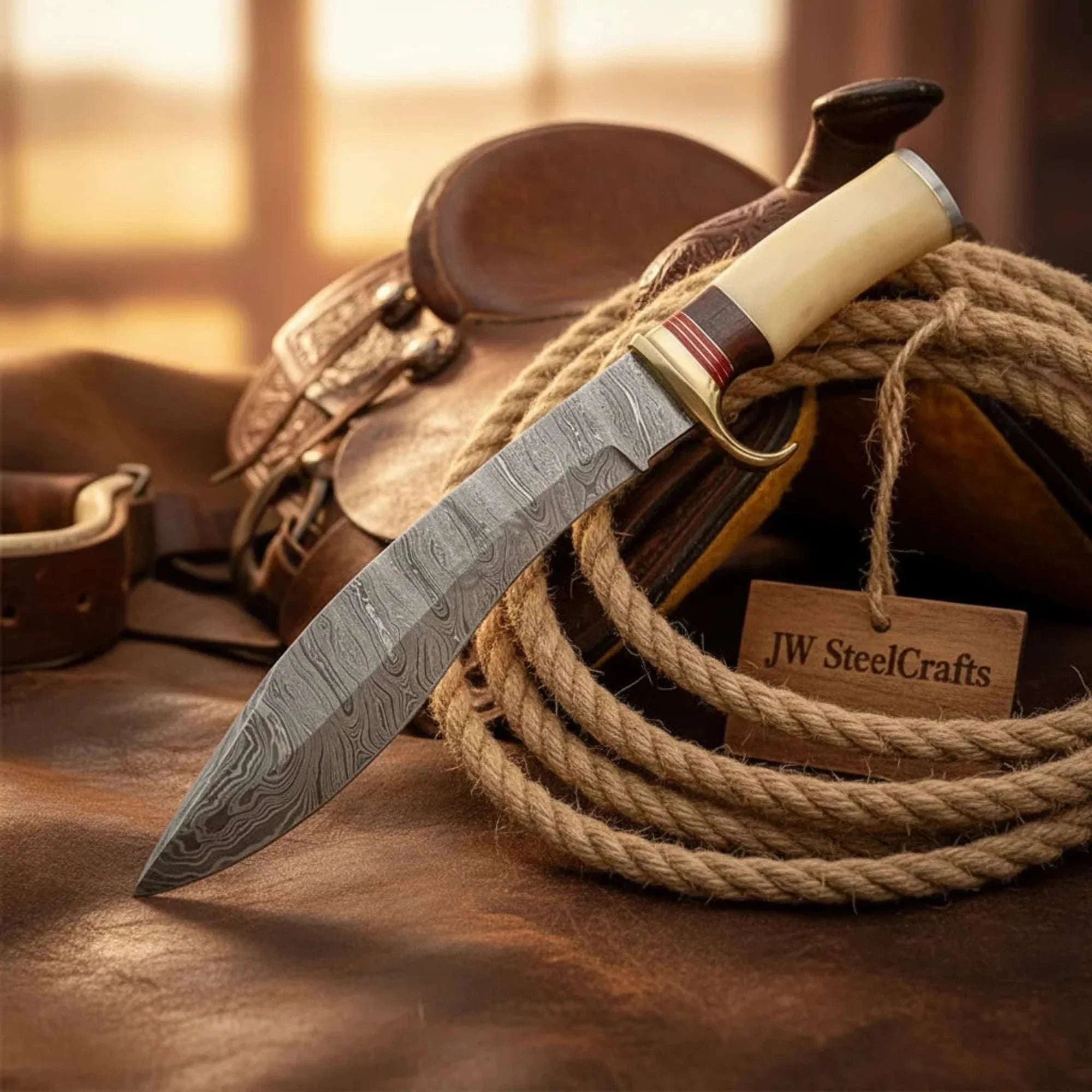 Palmarius Outdoors Hand Forged Western Bowie Knife 14" White Resin Handle Wood Spacer Brass Bolster Full Tang Clip Point Bowie Knives