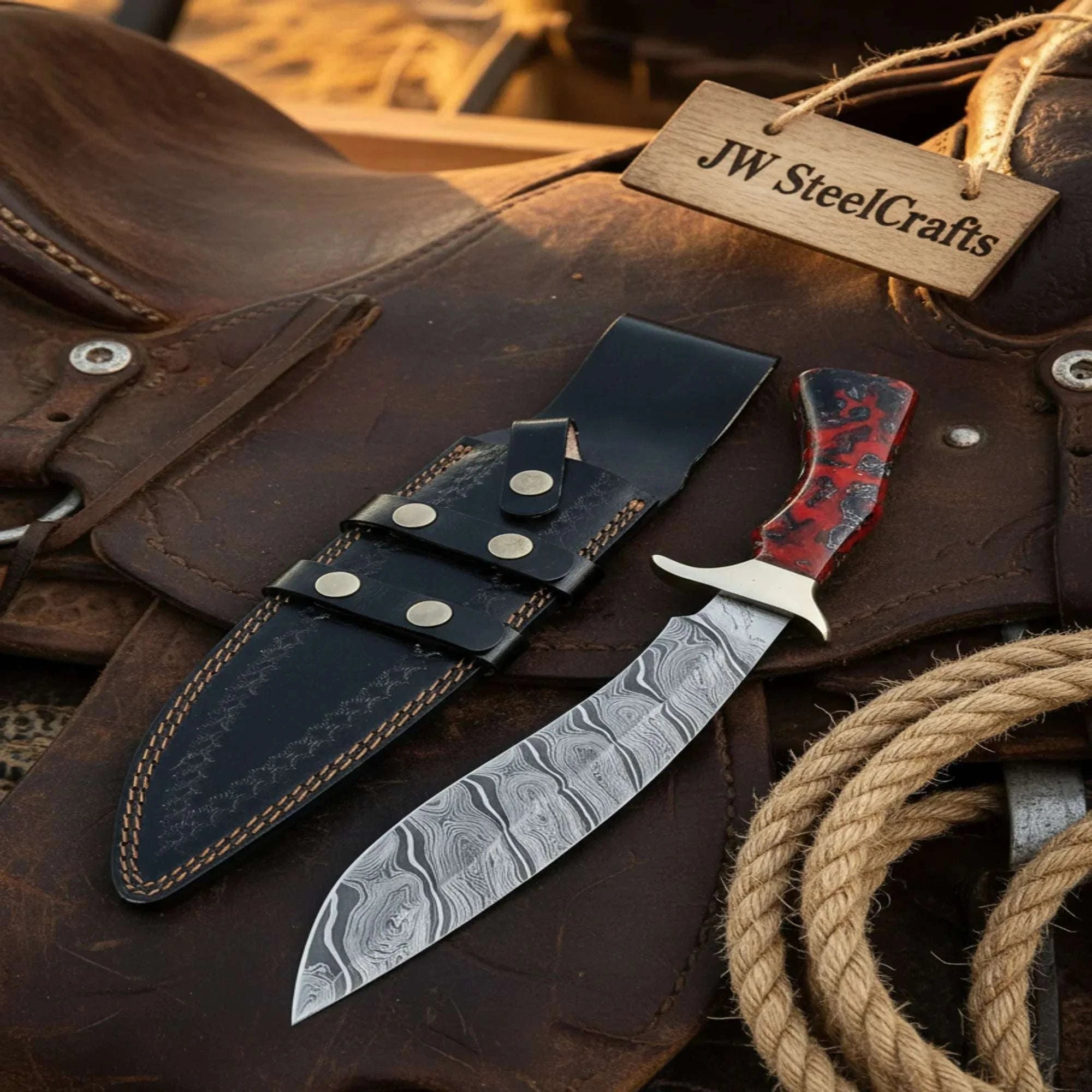 Palmarius Outdoors Red Swirl Resin Damascus Kukri Knife – Recurve Blade Black and Red Resin Handle Kukri Knife