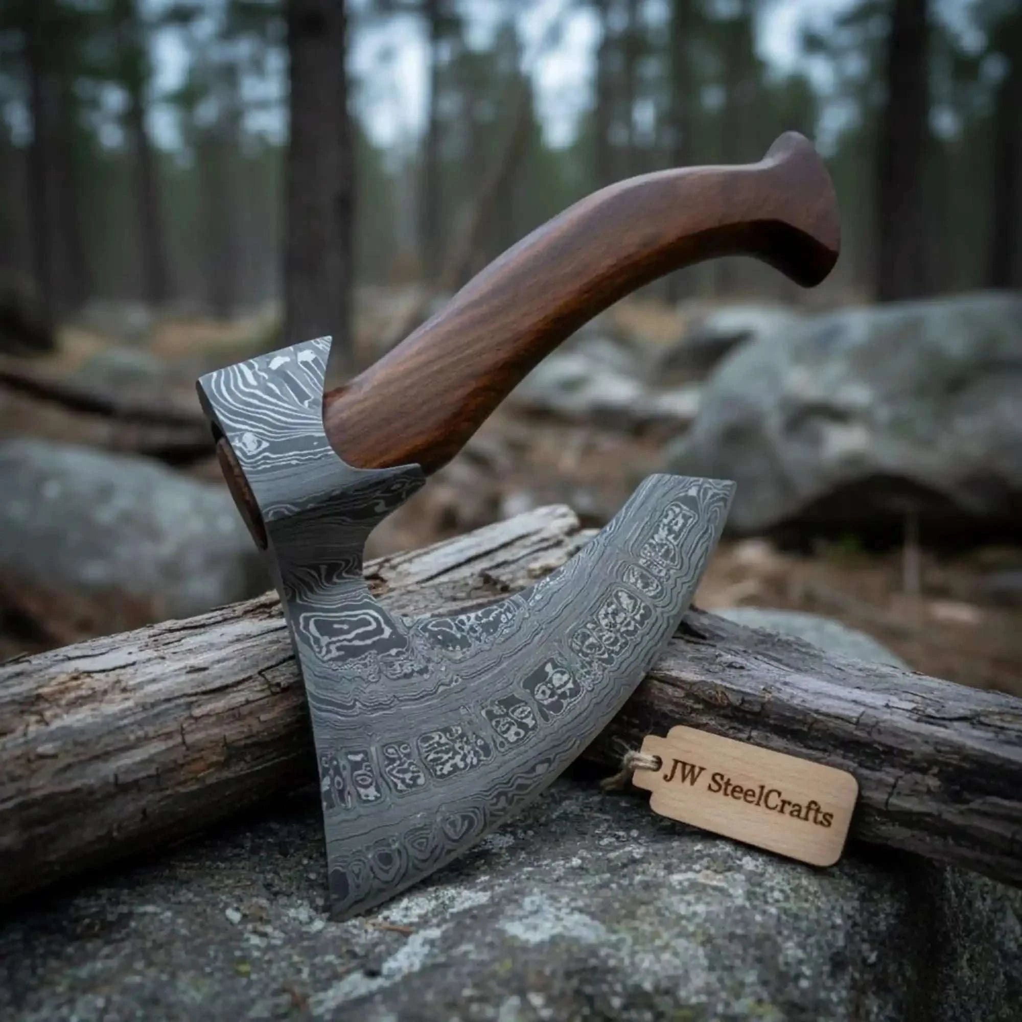 Palmarius Outdoors Korvath Damascus Bearded Hatchet with Multi Pattern Forged Head Handmade Axe