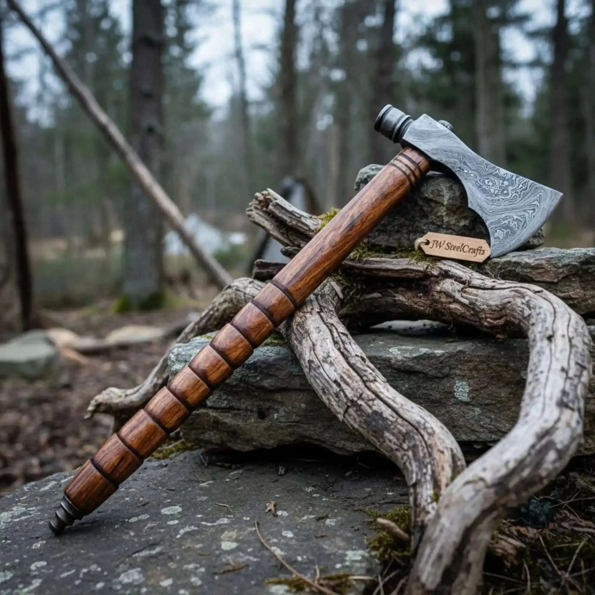 Palmarius Outdoors Damascus Smoking Axe with Leather Sheath and Ringed Rosewood Handle Handmade Axe