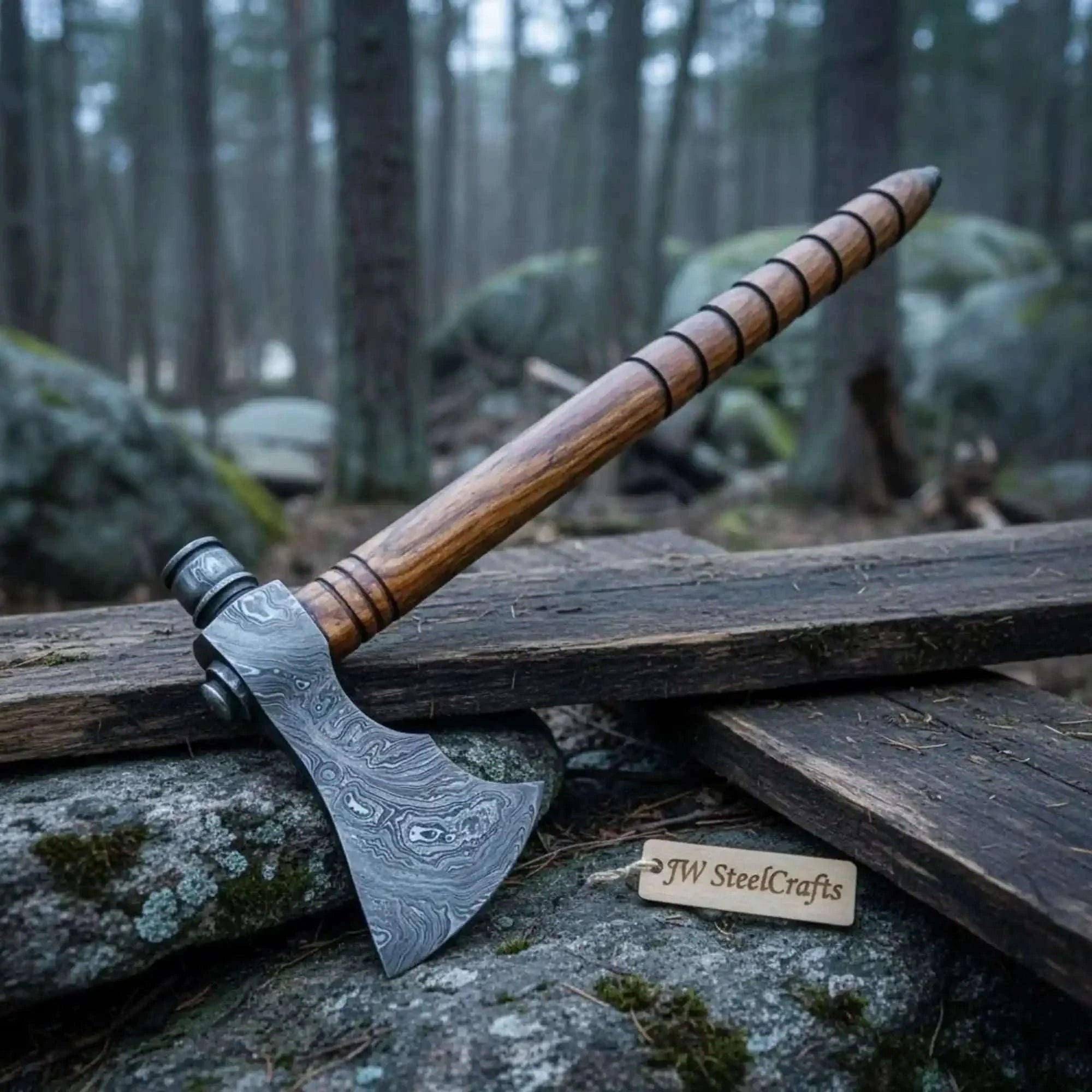 Palmarius Outdoors Damascus Smoking Axe with Leather Sheath and Ringed Rosewood Handle Handmade Axe