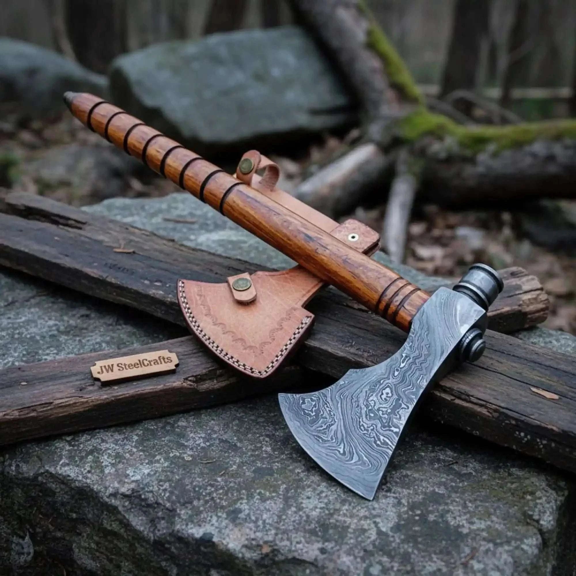 Palmarius Outdoors Damascus Smoking Axe with Leather Sheath and Ringed Rosewood Handle Handmade Axe