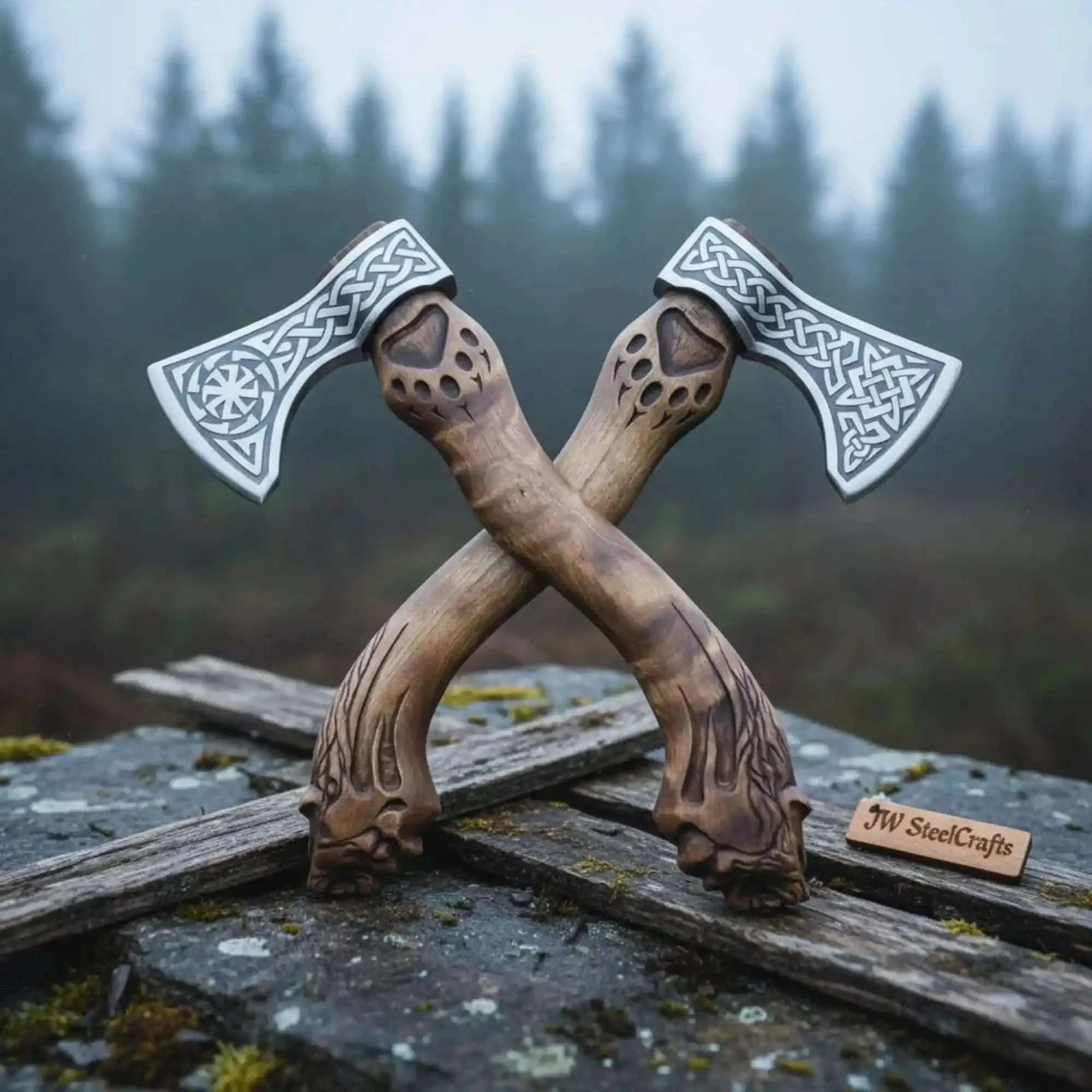 Palmarius Outdoors Hand Engraved Norse Viking Bearded Axe Set – Celtic Knot Steel Heads with Carved Hardwood Handles Handmade Axe