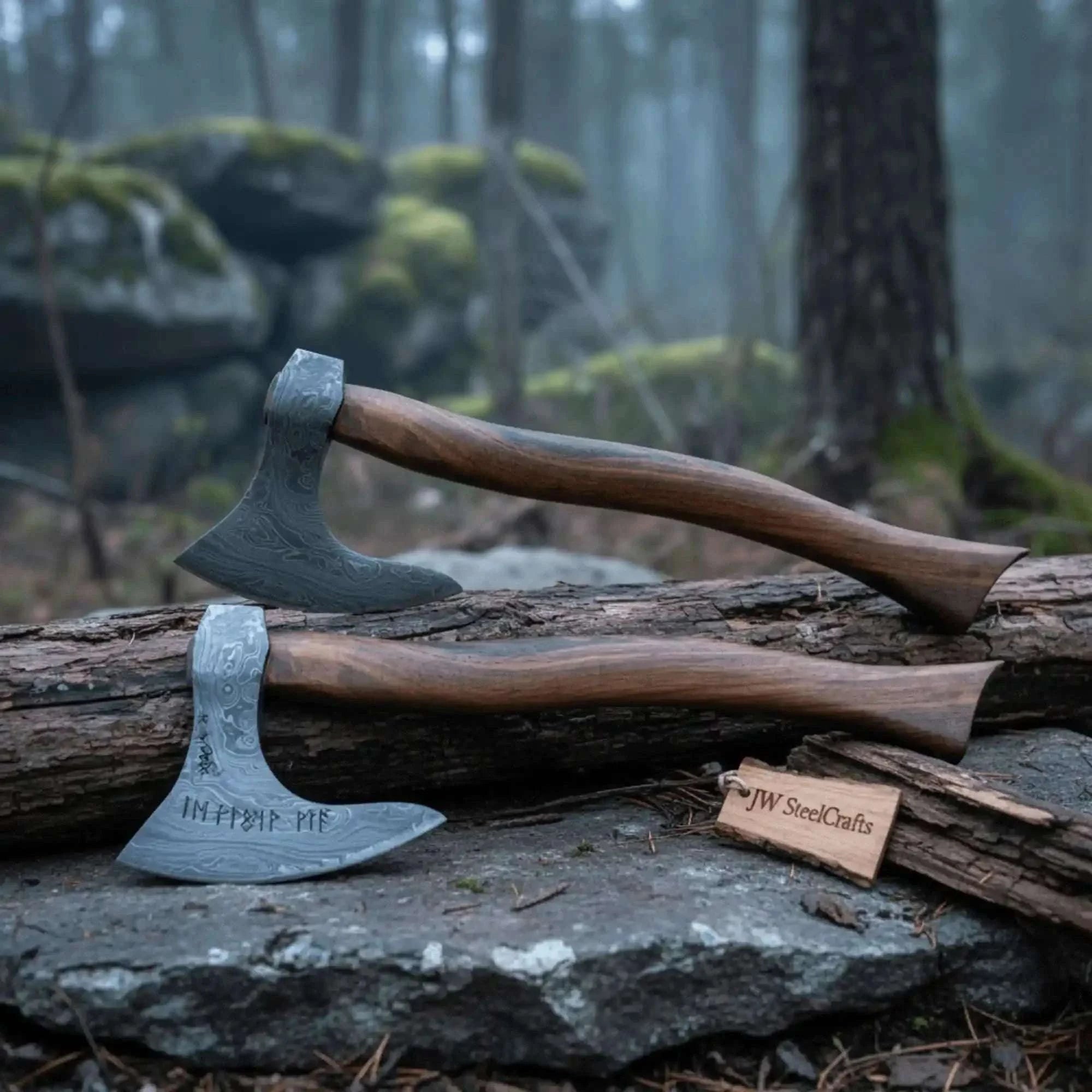 Palmarius Outdoors Damascus Skeggøx Bearded Axe Set with Two Matched Forged Heads Handmade Axe